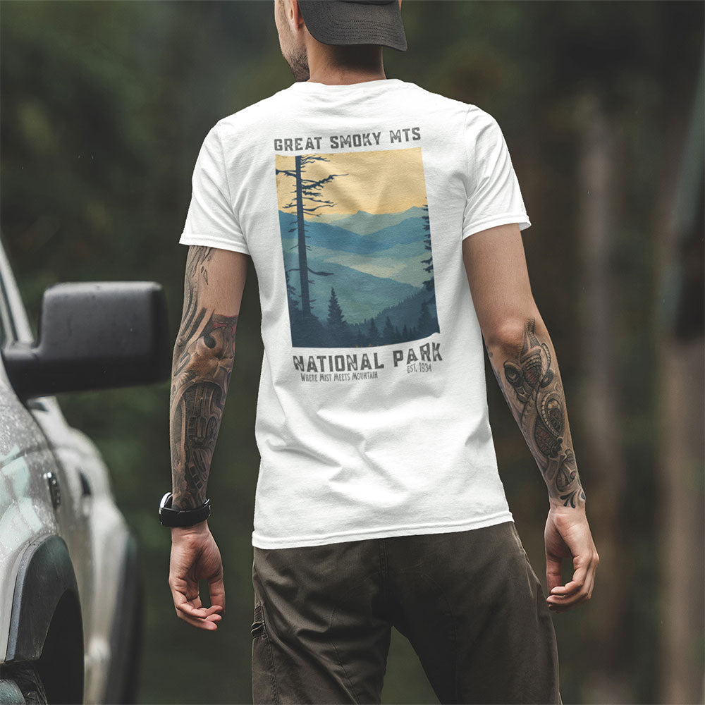 man wearing Retro Great Smoky Mountains National Park T-shirt near truck