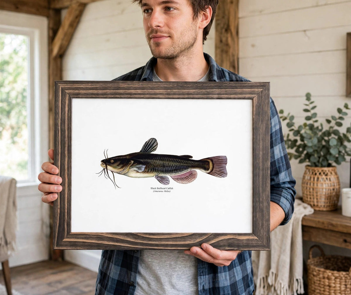 A man in a blue plaid shirt holds up a framed fish print featuring a detailed illustration of a catfish on a white background, set against a rustic indoor room with wood beams and plants.