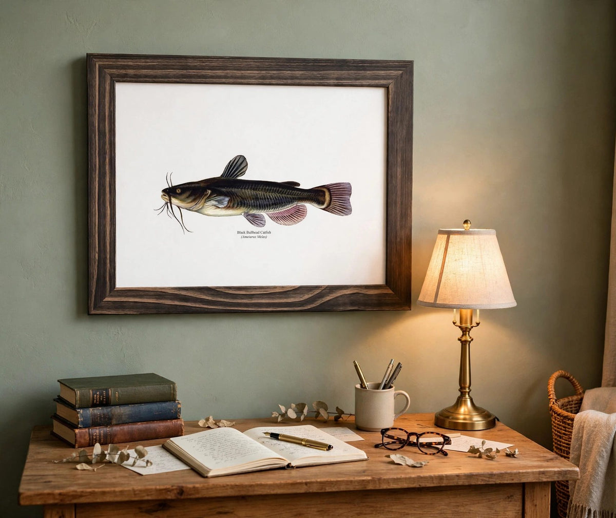 A framed vintage-style fish illustration hangs on a sage green wall above a wooden desk with books, an open notebook, glasses, and a lit lamp.