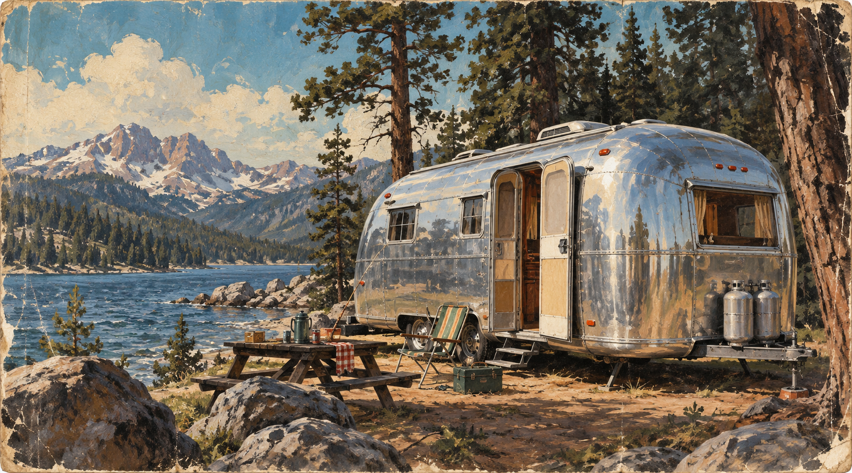 Vintage Airstream camper at a lakeside campsite surrounded by mountains and pine trees
