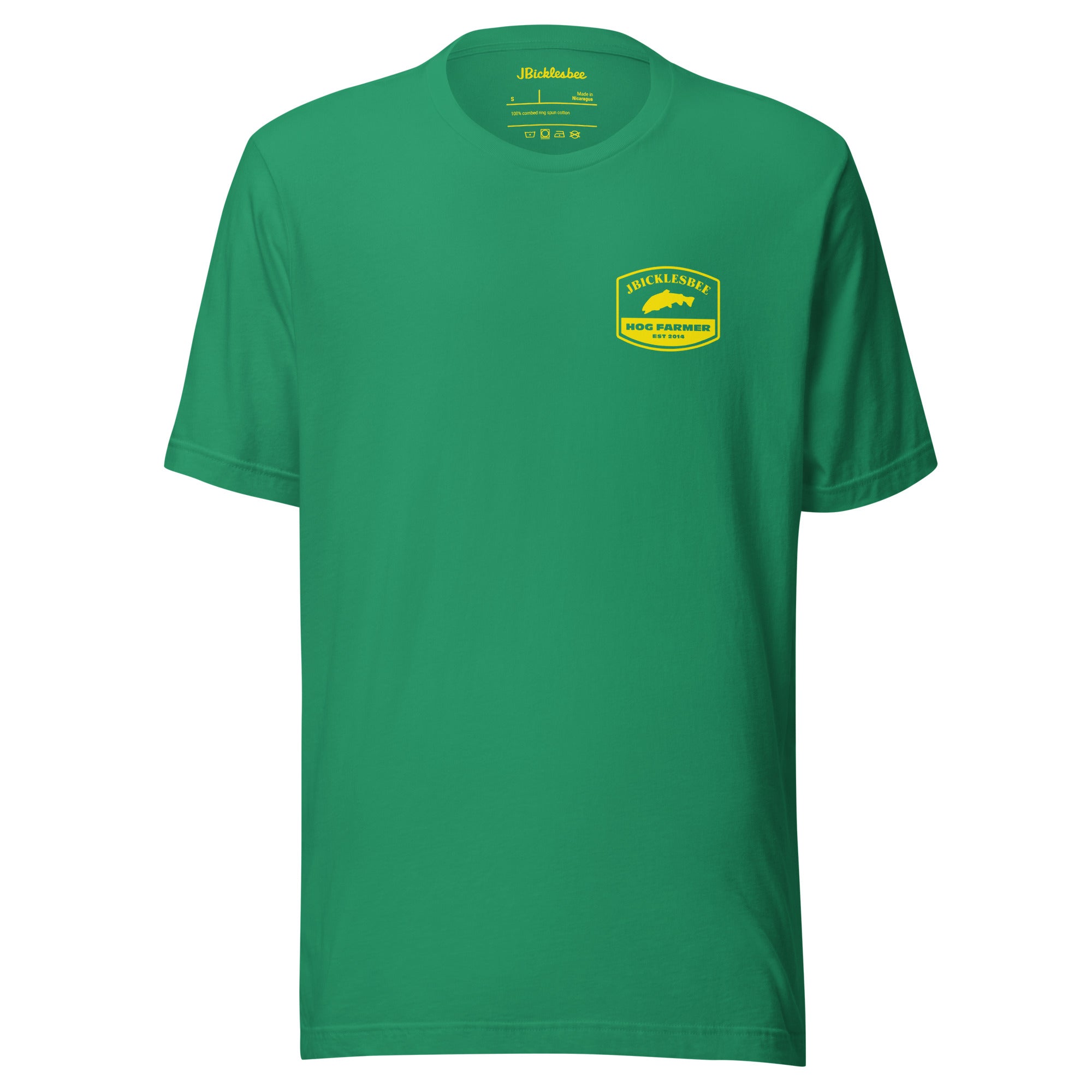 Retro Hog Farmer Trout Fishing T-shirt Kelly Green front