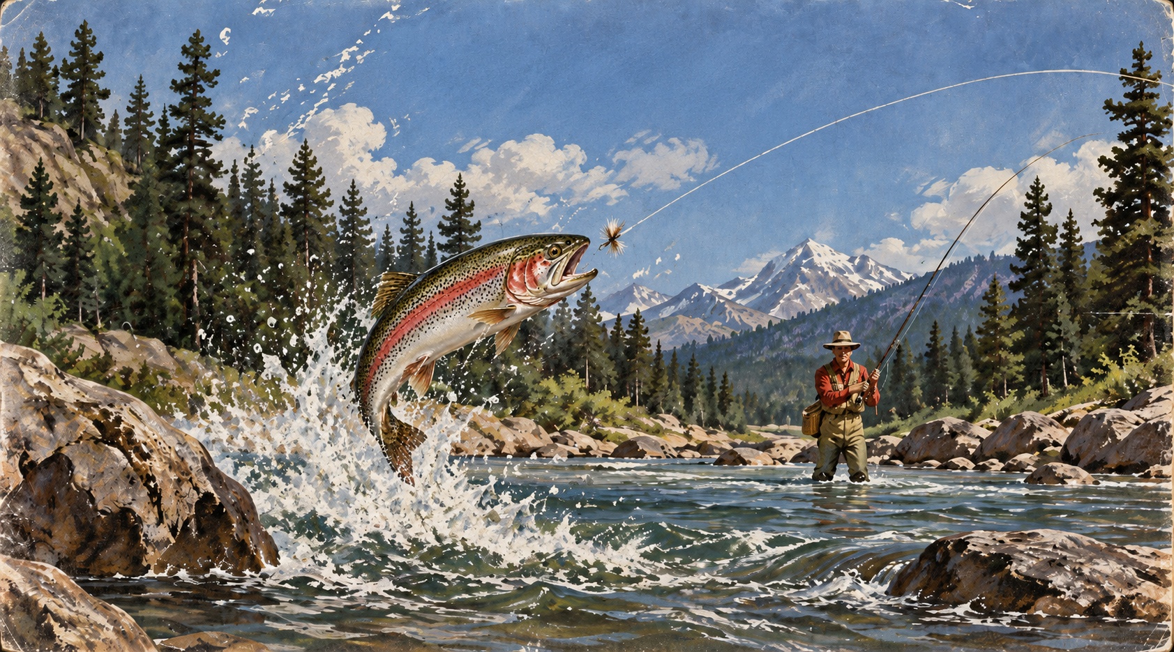 **Vintage illustration of a rainbow trout leaping from a mountain stream as a fly fisherman casts nearby**
