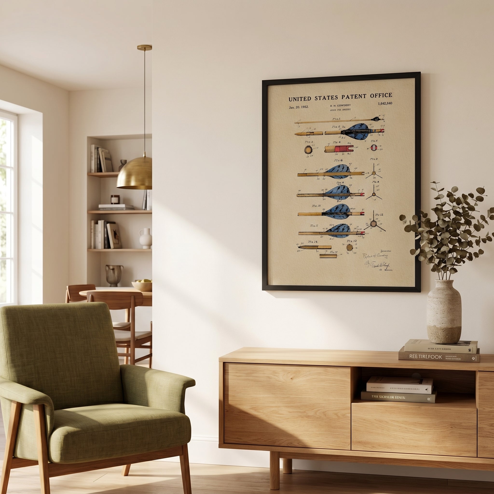 Vintage Archery Arrow patent print displayed in an archery room or outdoor-inspired space