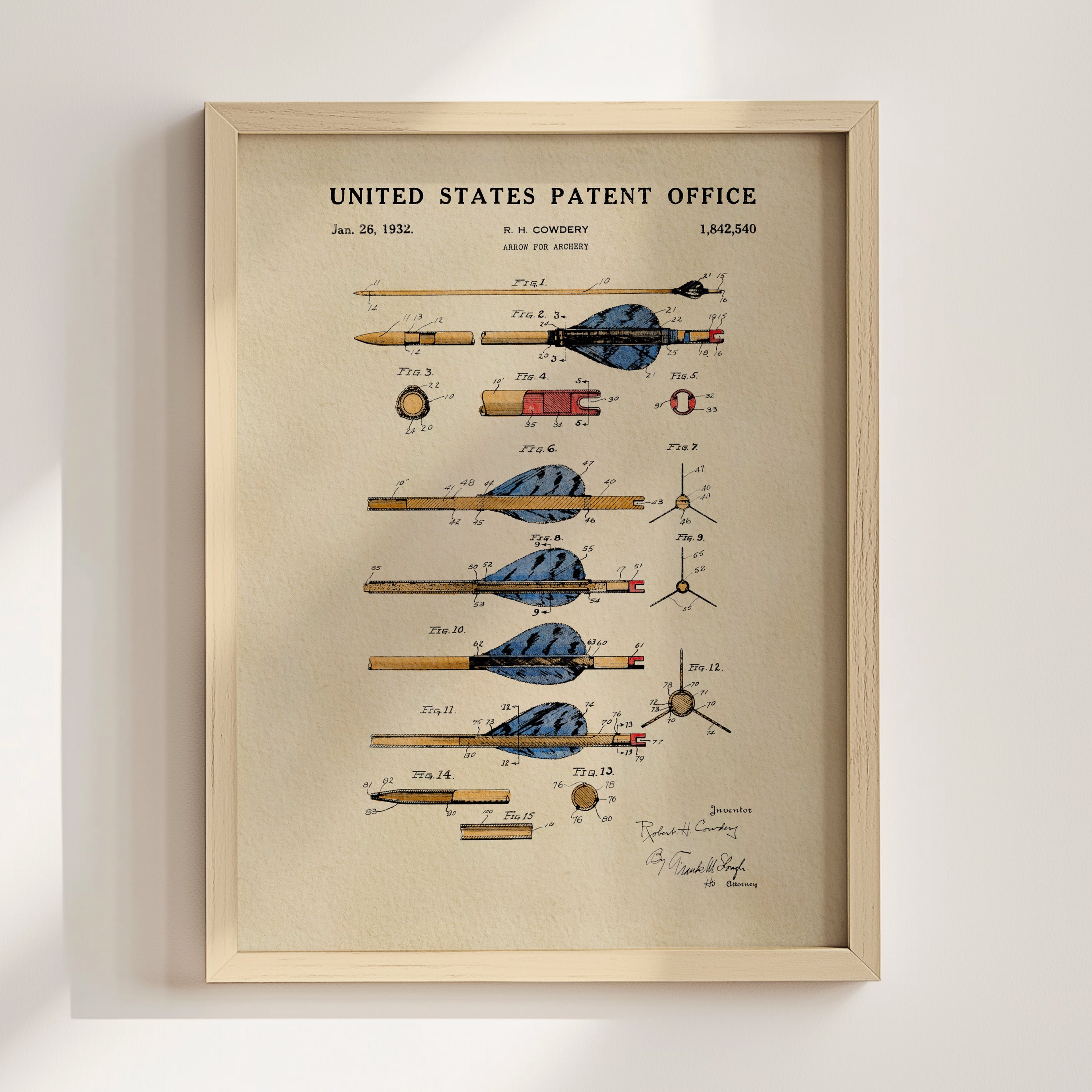 Archery Arrow patent print displayed in a natural wood frame