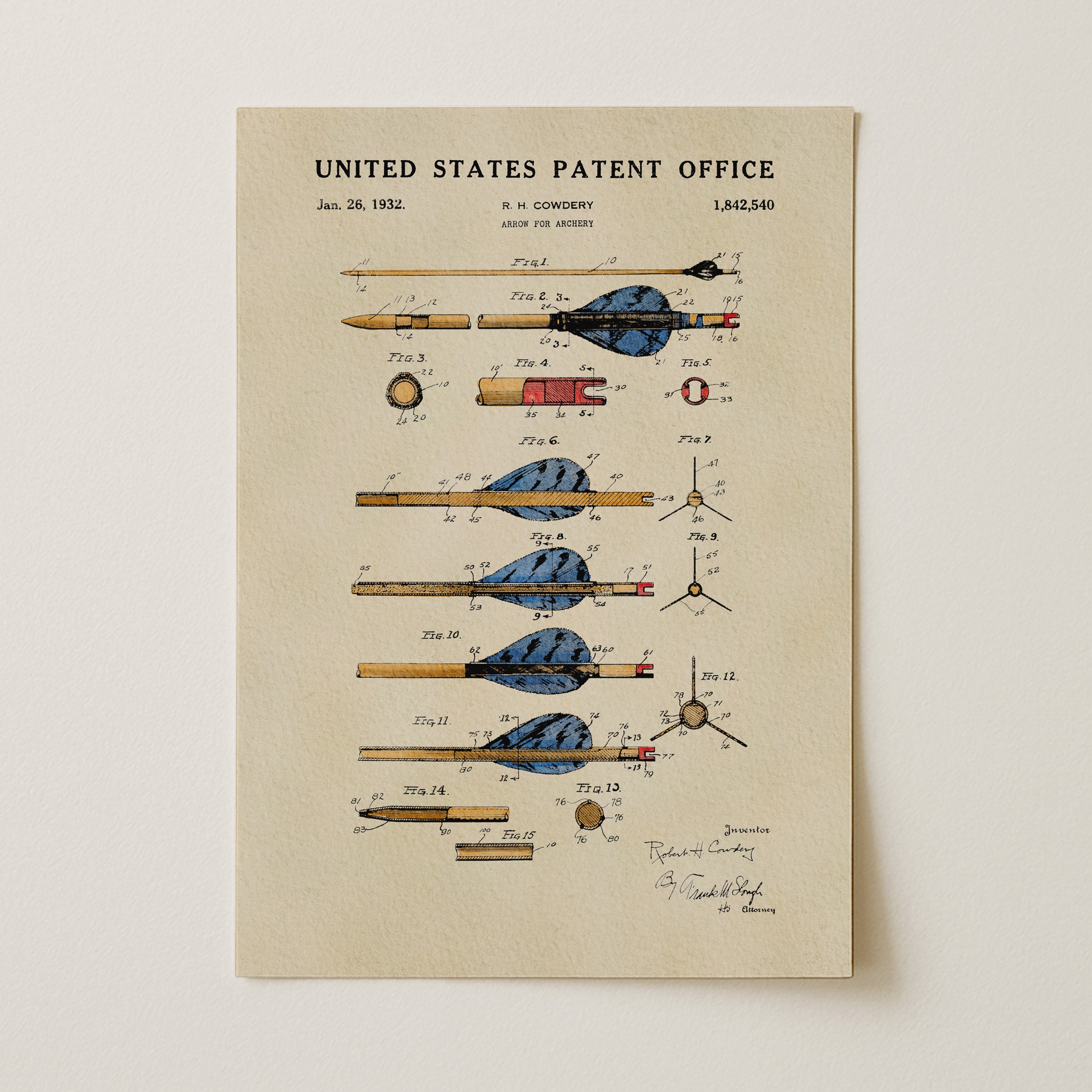 Unframed Archery Arrow patent print featuring Robert Cowdery’s 1932 arrow design