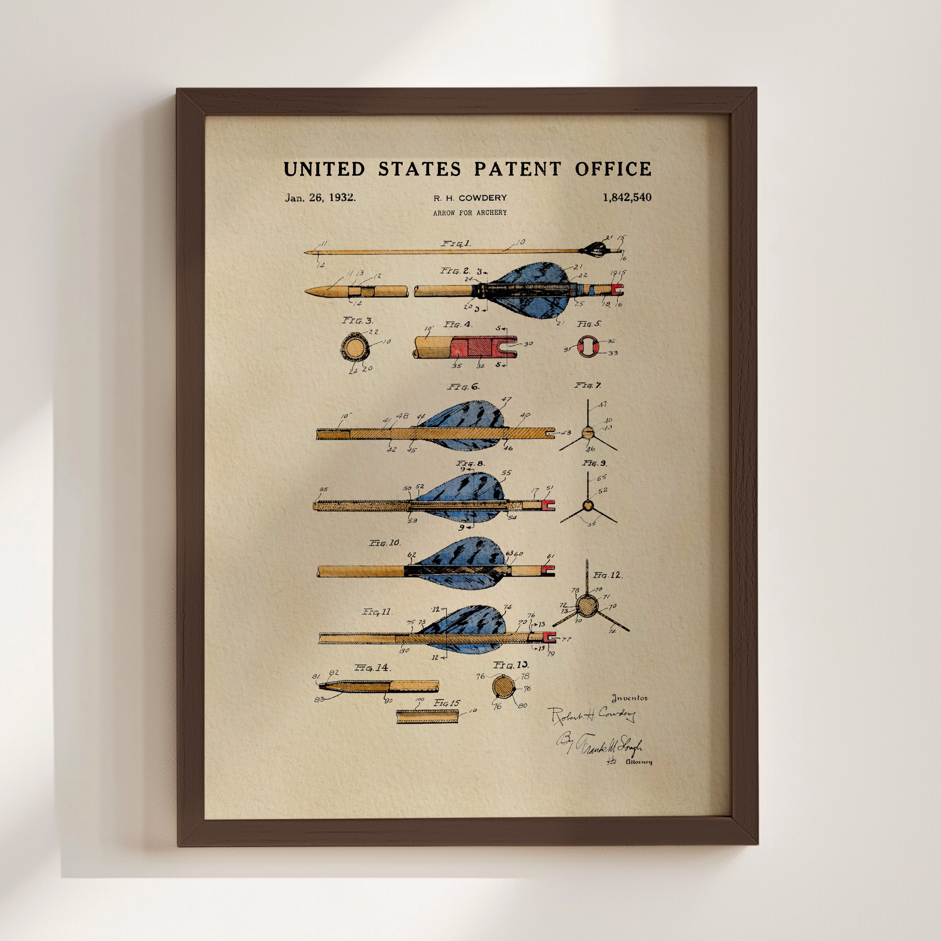 Archery Arrow patent print displayed in a walnut frame