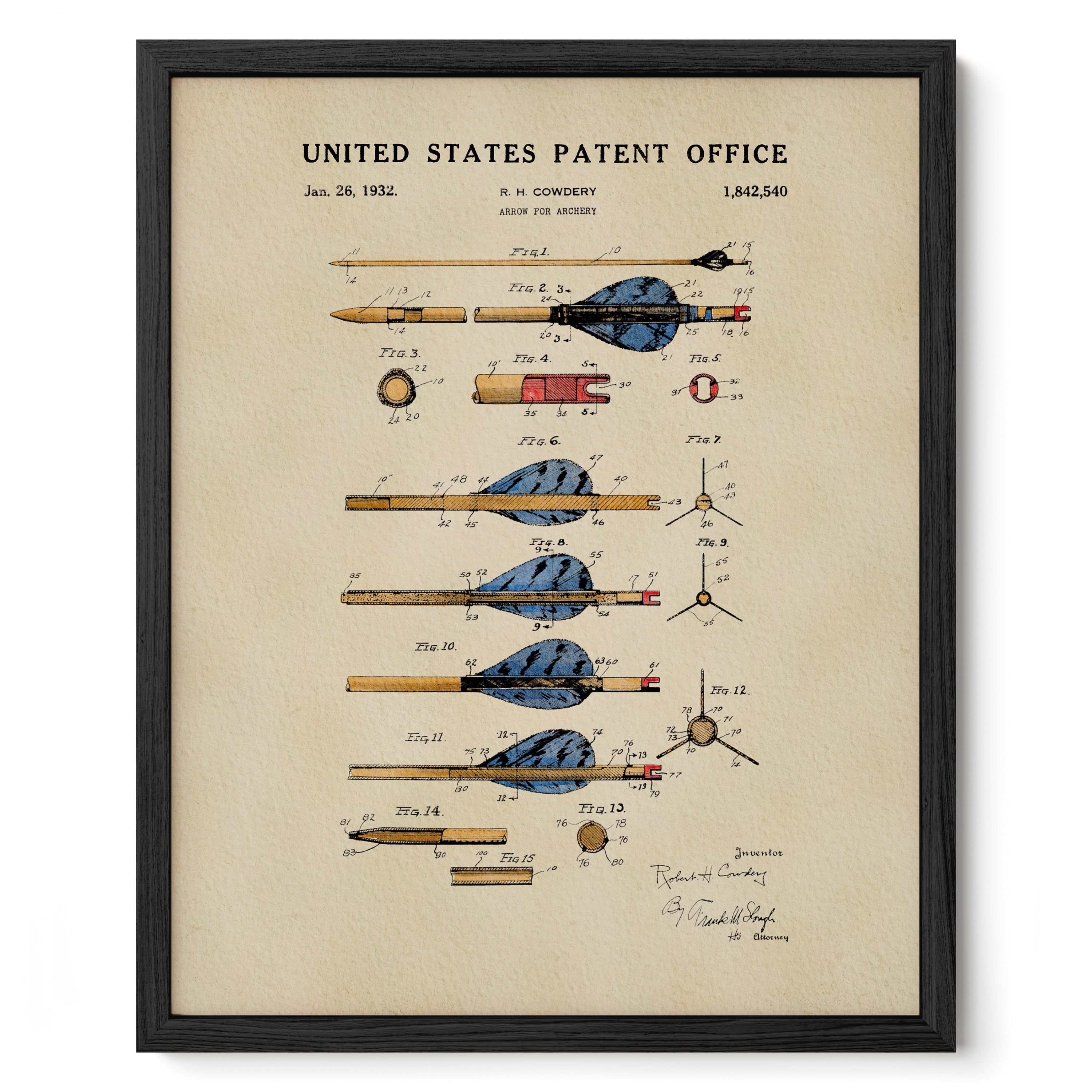 Watercolor Archery Arrow patent print inspired by Robert Cowdery’s 1932 design