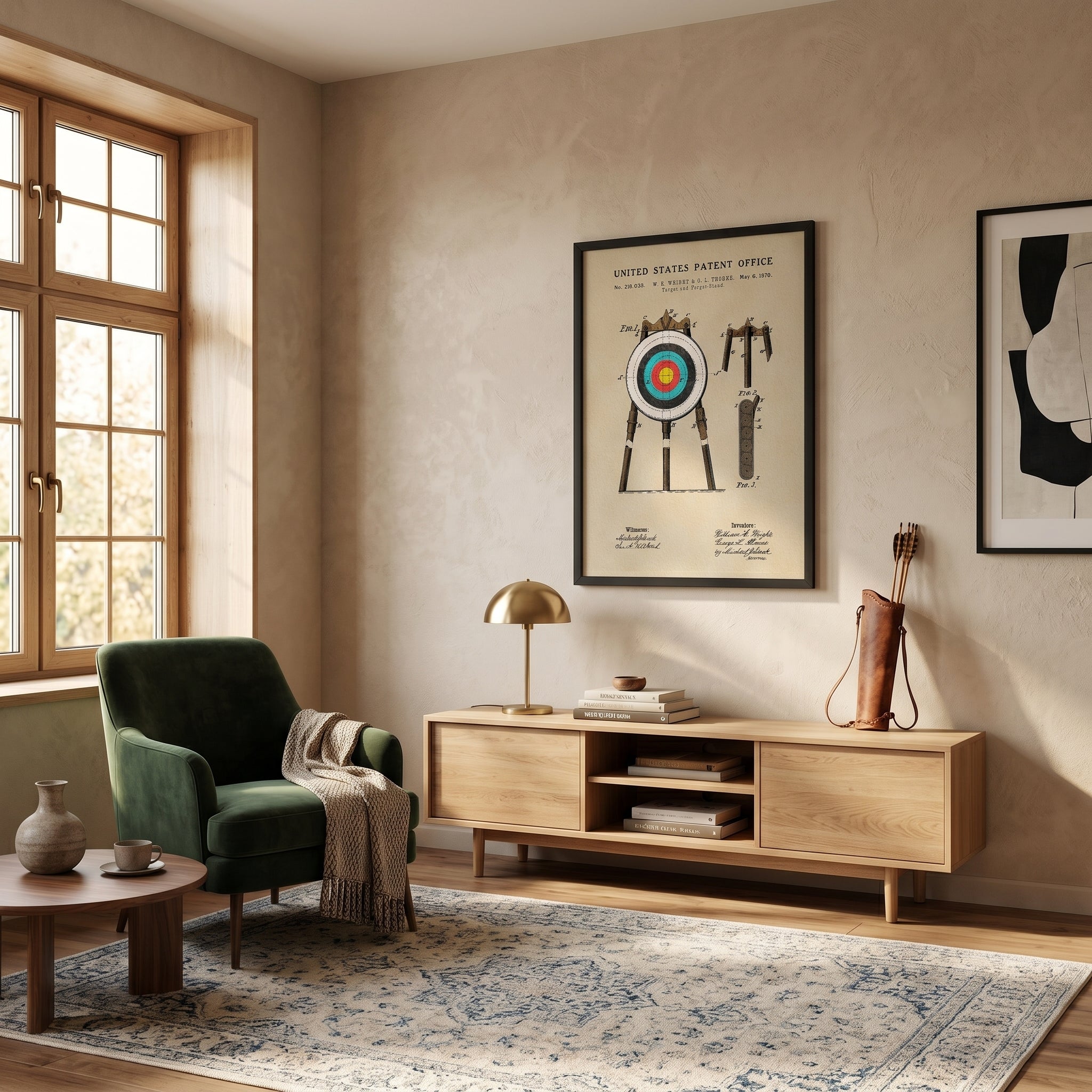 Vintage Archery Target patent print displayed in an archery room or outdoor-inspired space