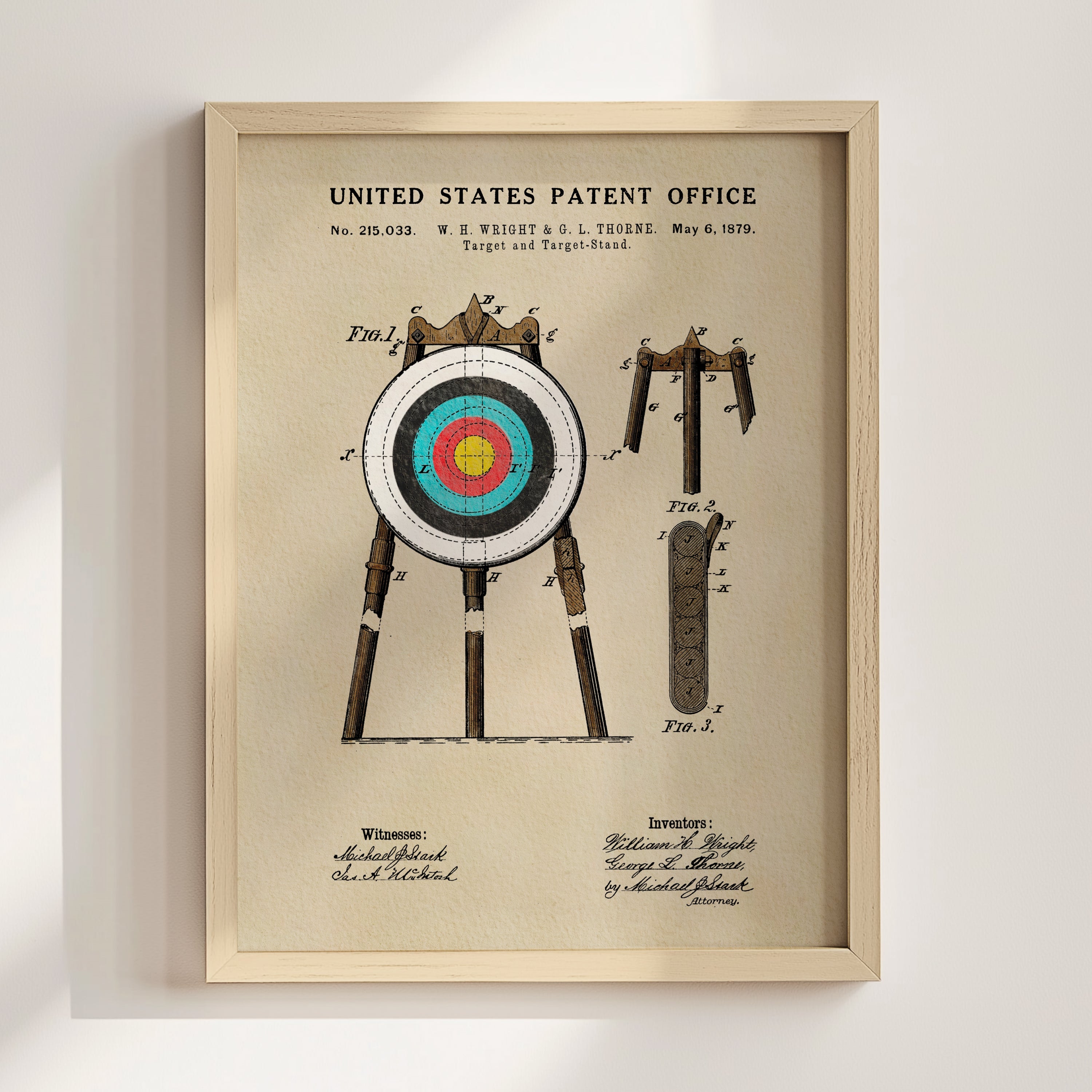 Archery Target patent print displayed in a natural wood frame
