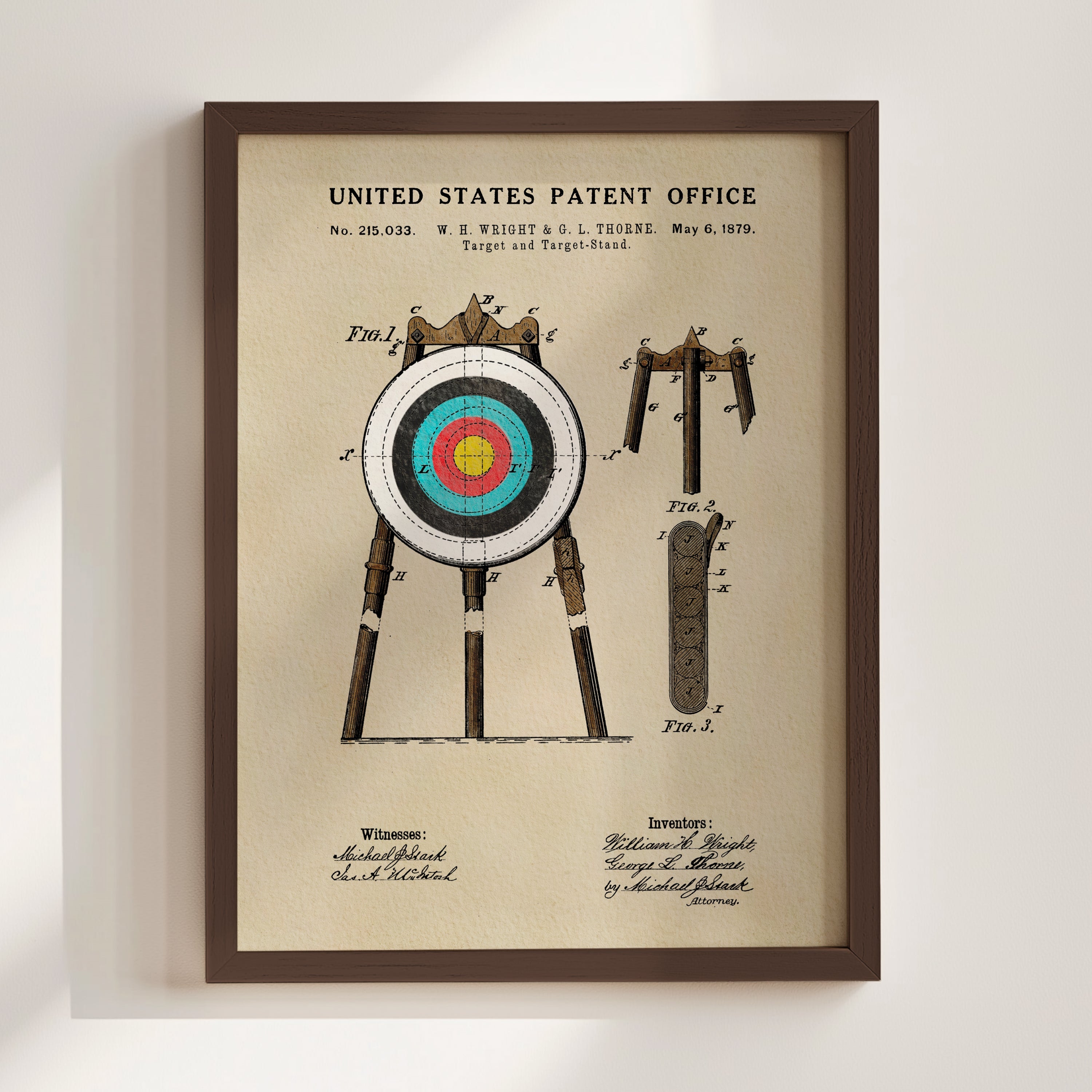 Archery Target patent print displayed in a walnut frame