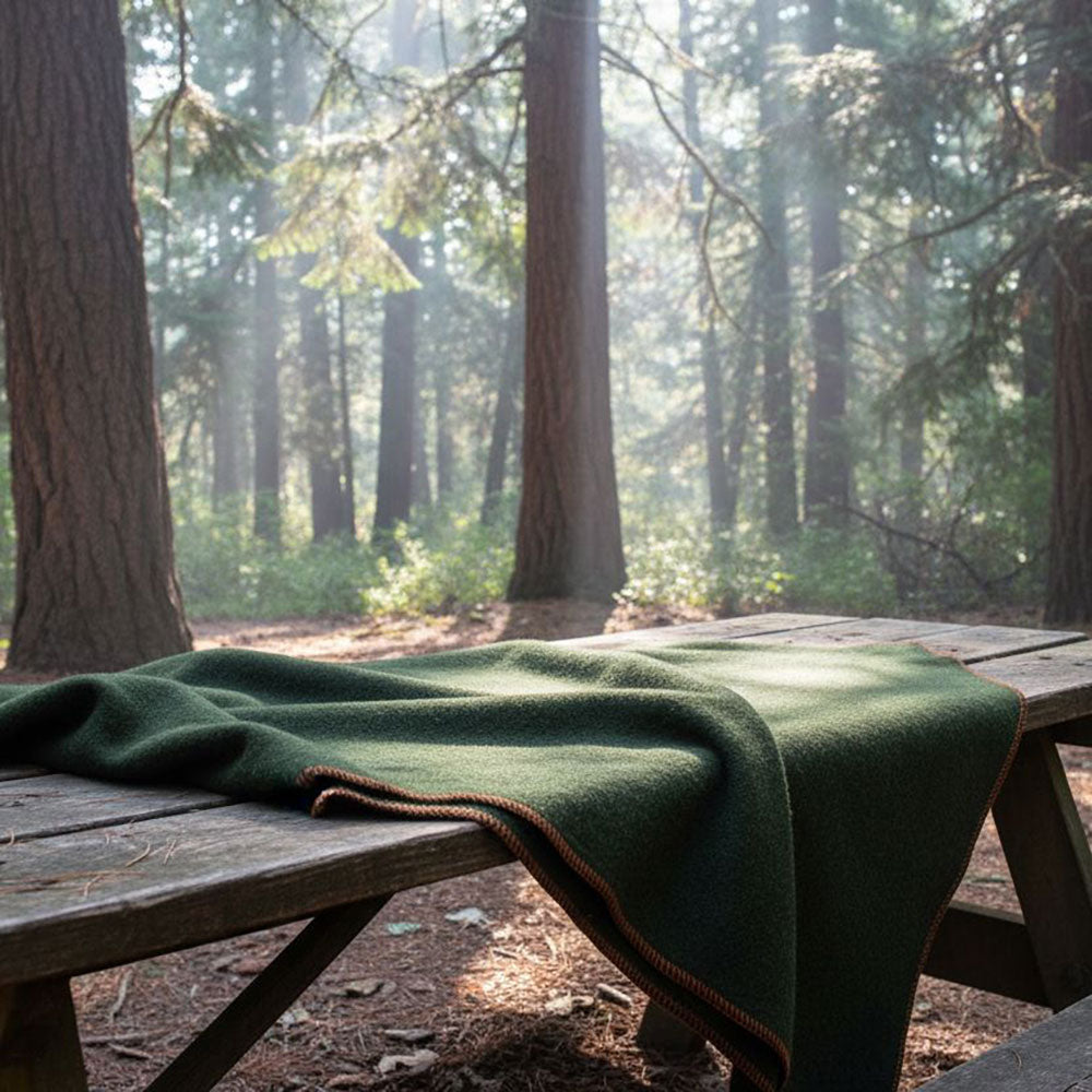 ARMY Camp Alpaca Blanket at a campsite for cold weather camping and outdoor use