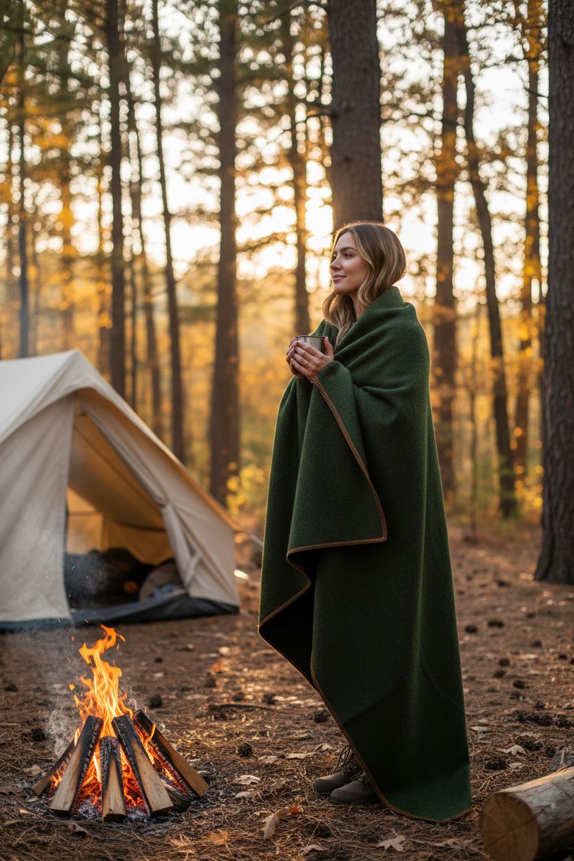 Woman wrapped in an ARMY Camp Alpaca Blanket for warmth outdoors