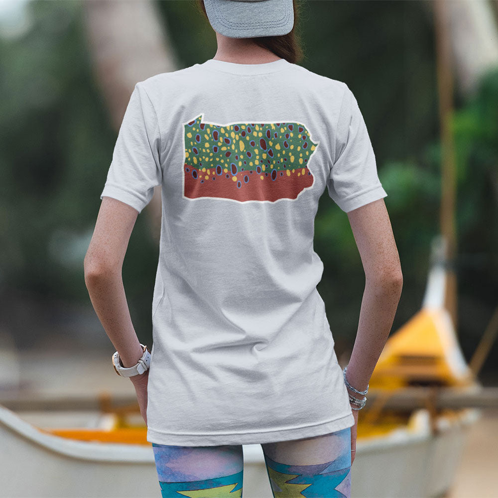 PA Outline Brook Trout T-shirt on woman