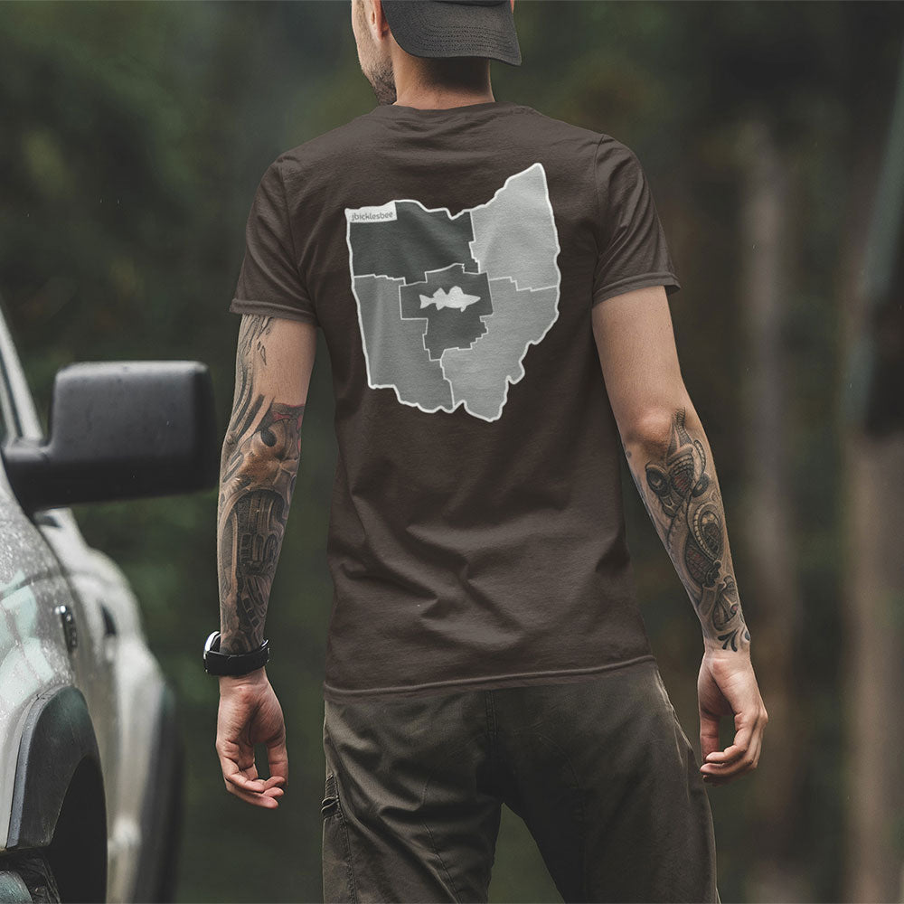back view man wearing FISH THE 5 Ohio T-shirt