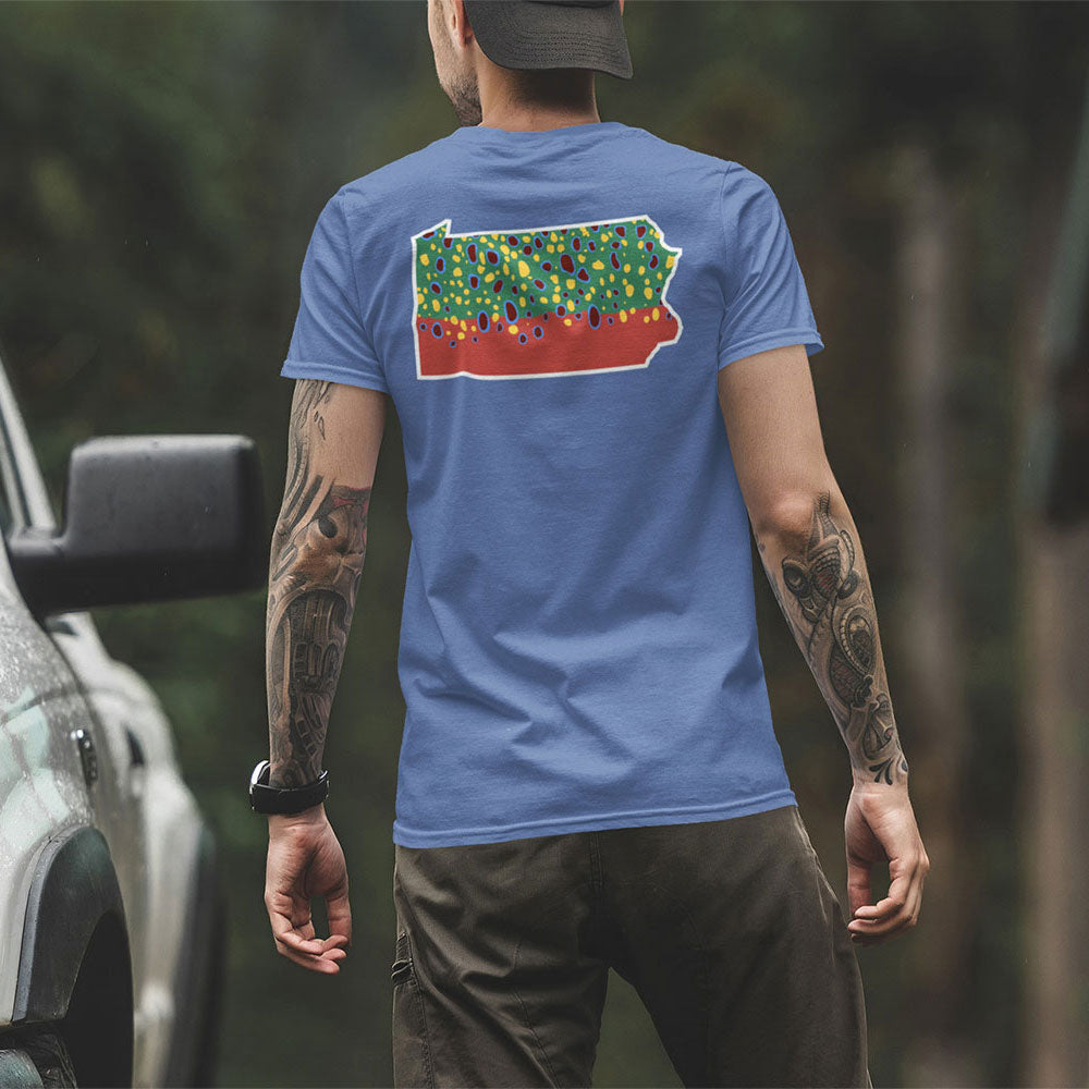 PA Outline Brook Trout T-shirt on man