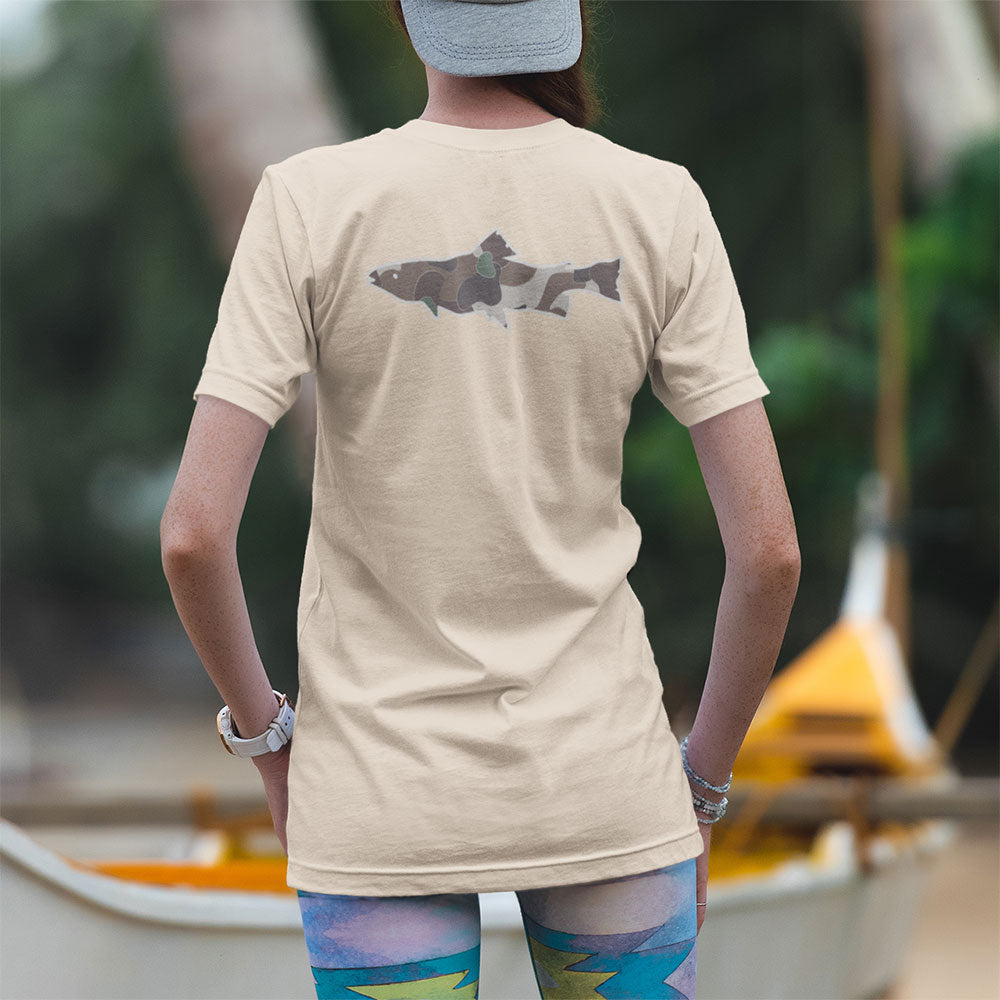 woman wearing The Tactical Trout T-shirt