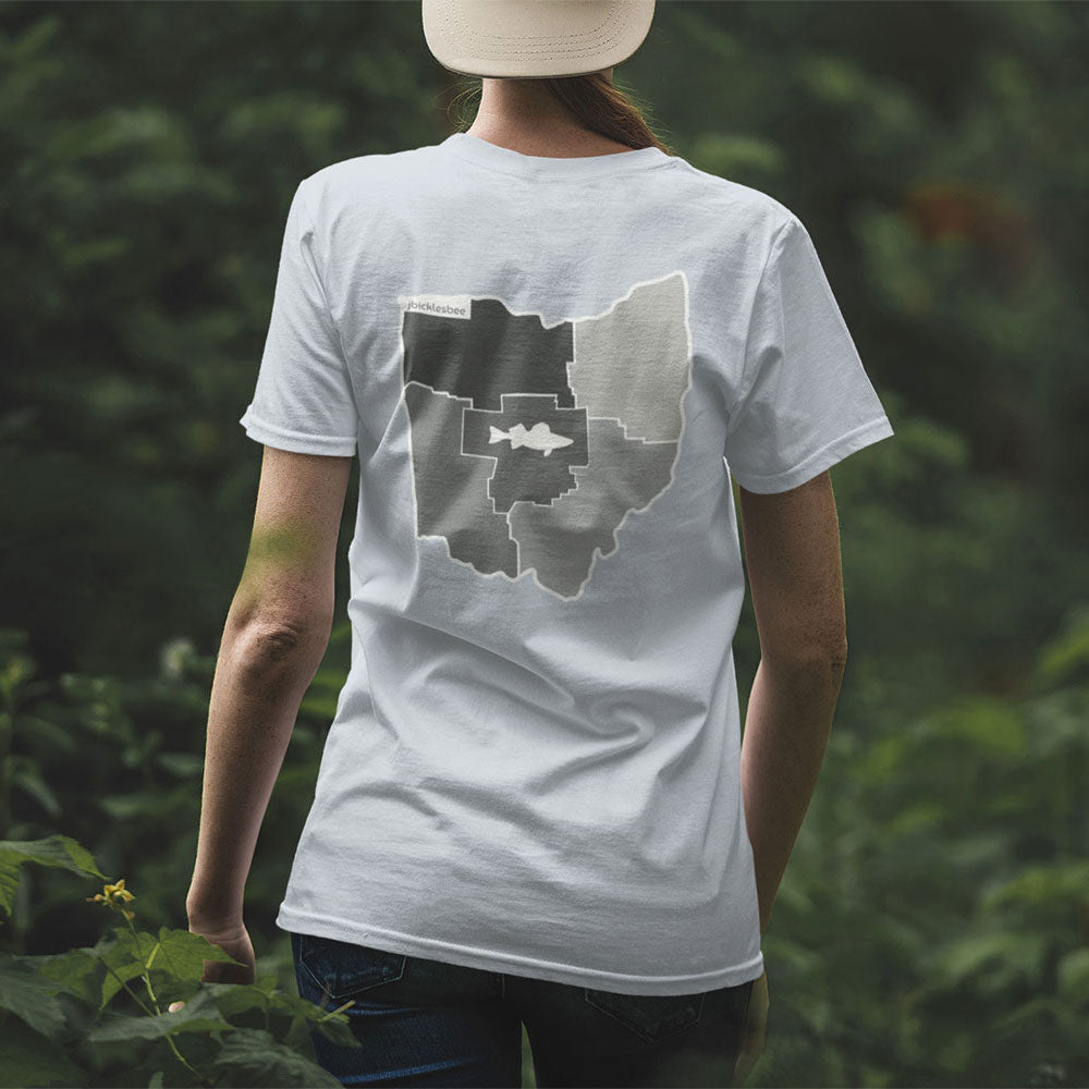 back view woman wearing FISH THE 5 Ohio T-shirt