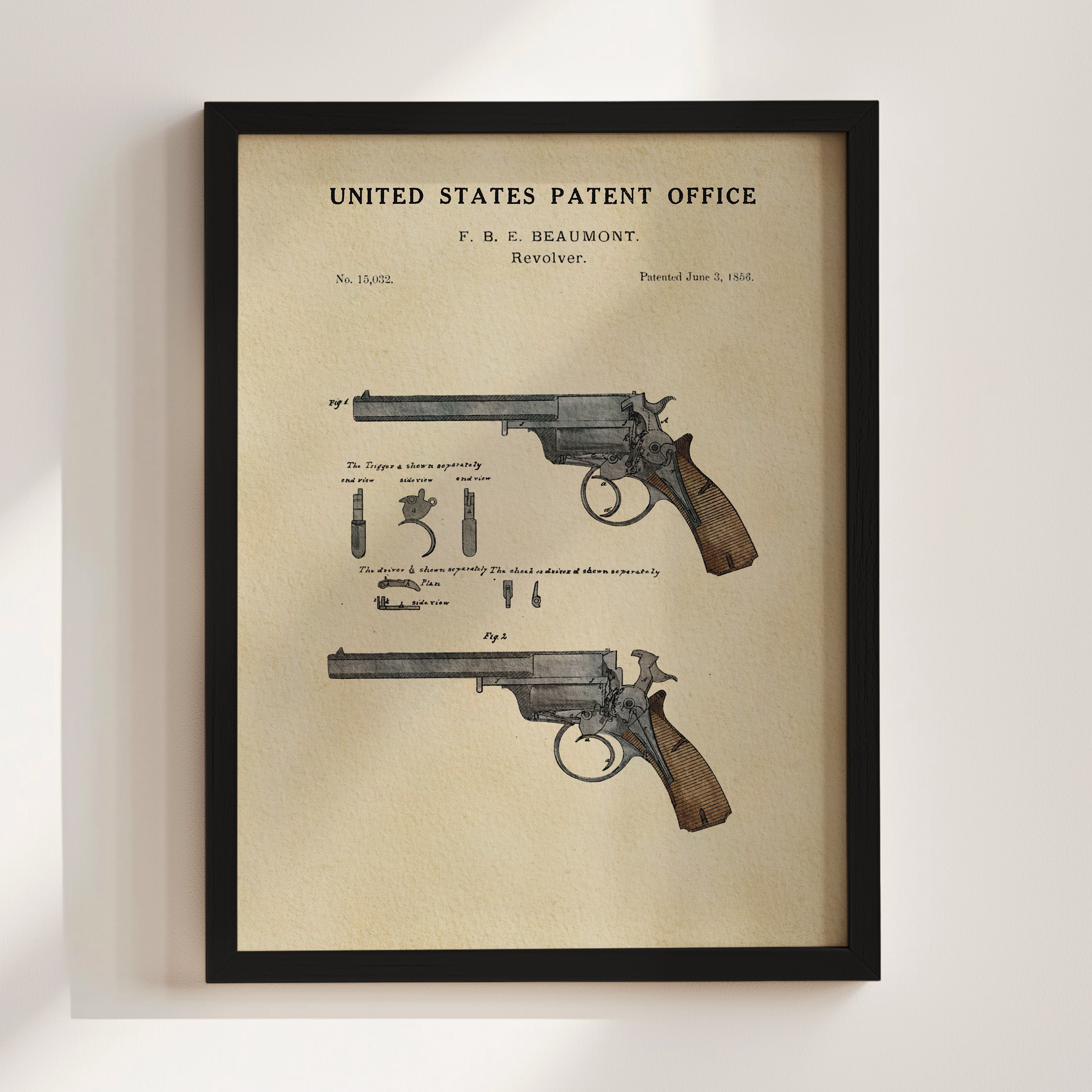 Beaumont Revolver patent print displayed in a black frame