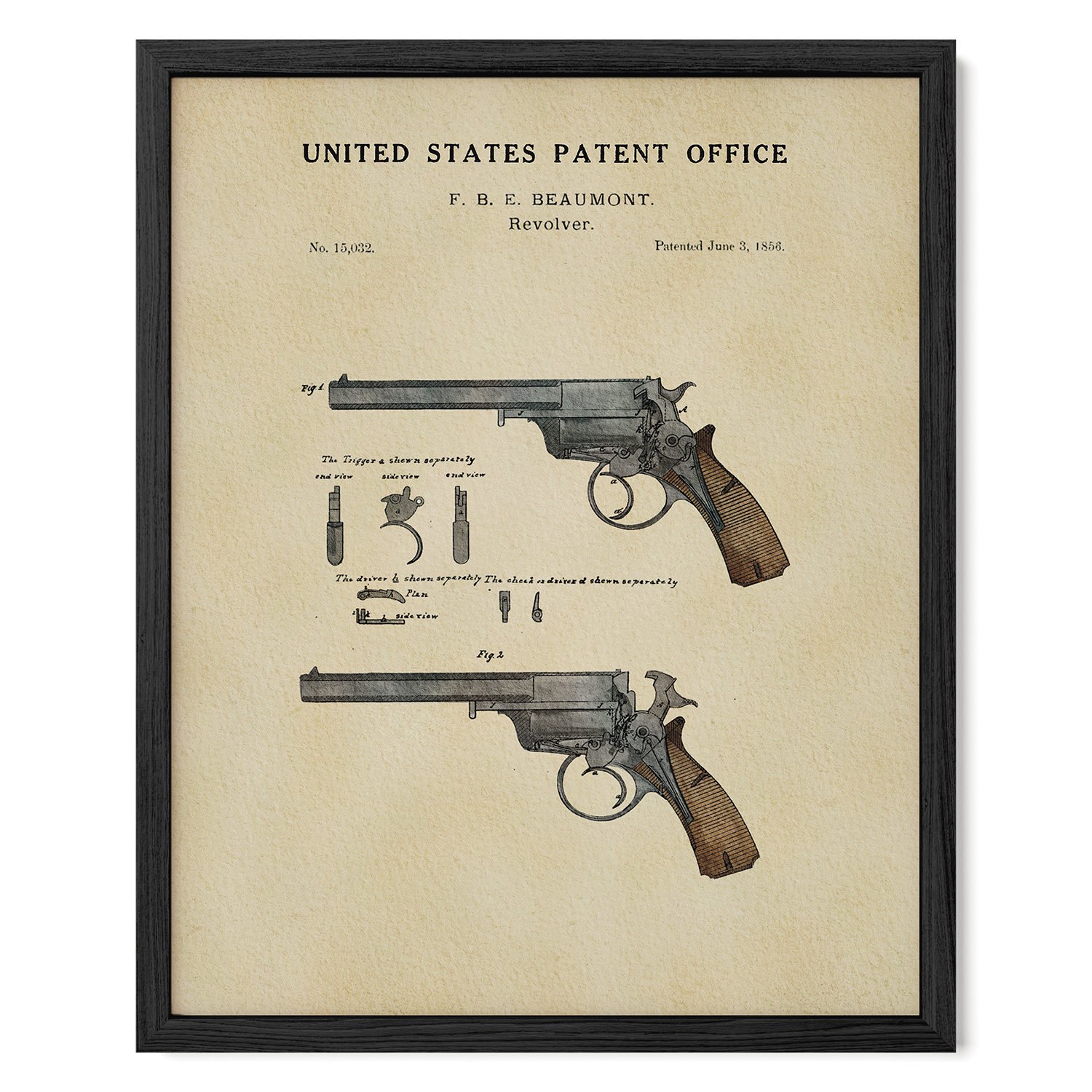 Beaumont Revolver patent print displayed as historic vintage firearm wall art