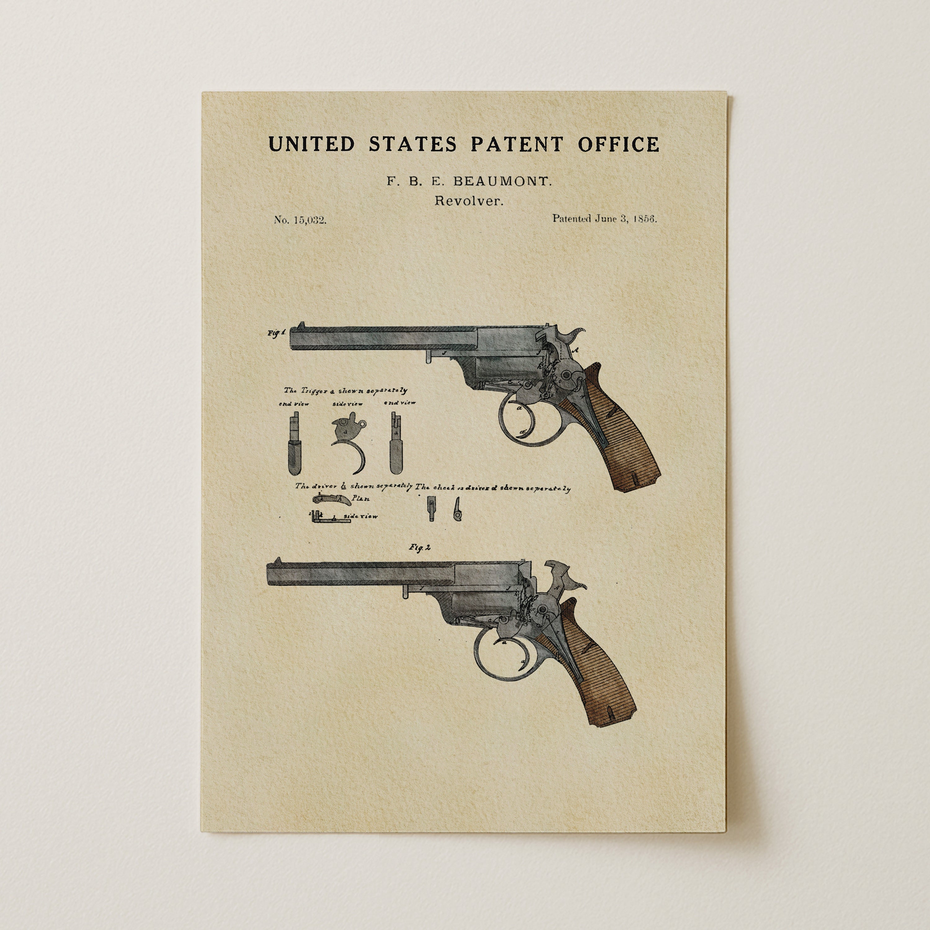 Unframed Beaumont Revolver patent print featuring Frederick Beaumont’s 1856 design