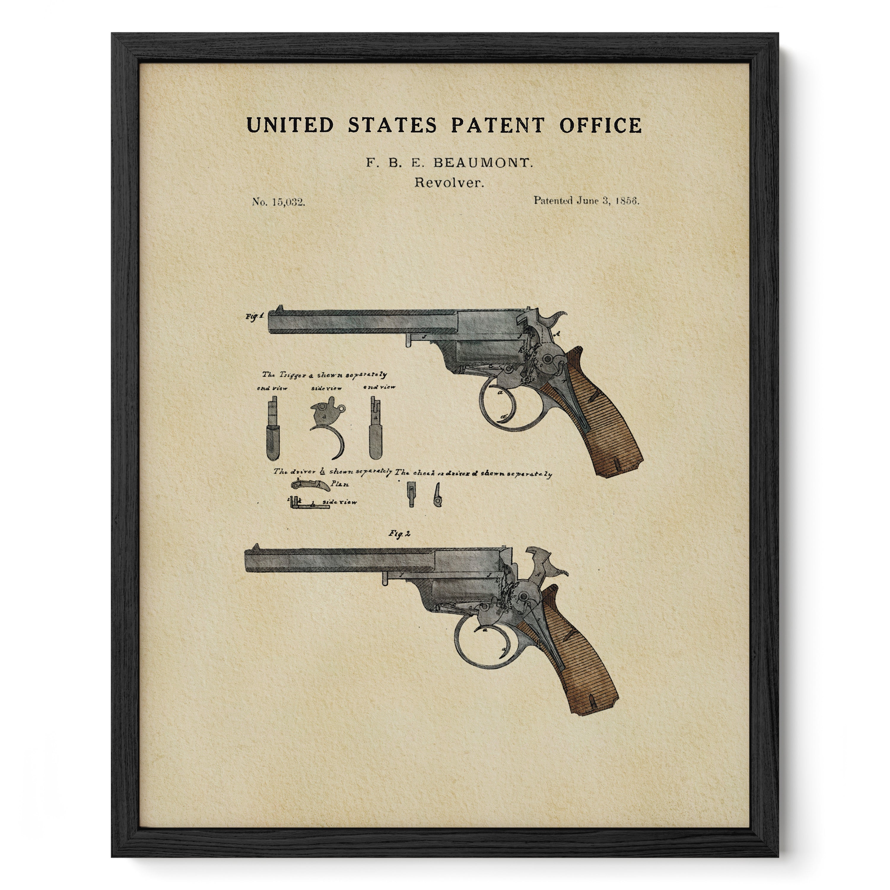 Watercolor Beaumont Revolver patent print inspired by Frederick Beaumont’s 1856 design