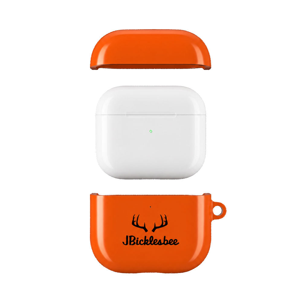 Exploded view of a blaze orange AirPods case with antler logo and protective top and bottom shell