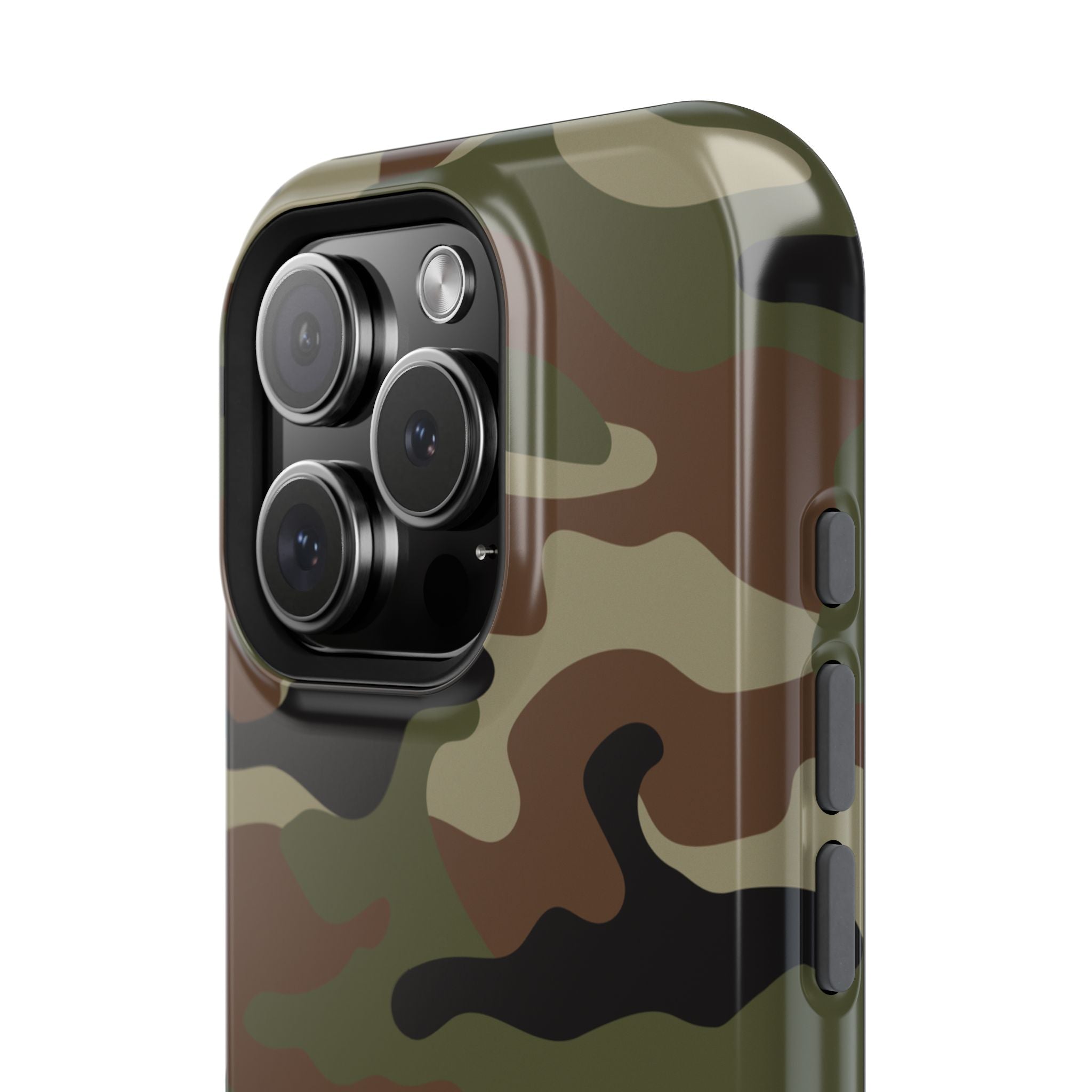 close up on camera Retro Woodland Recon Camo MagSafe iPhone Tough Case