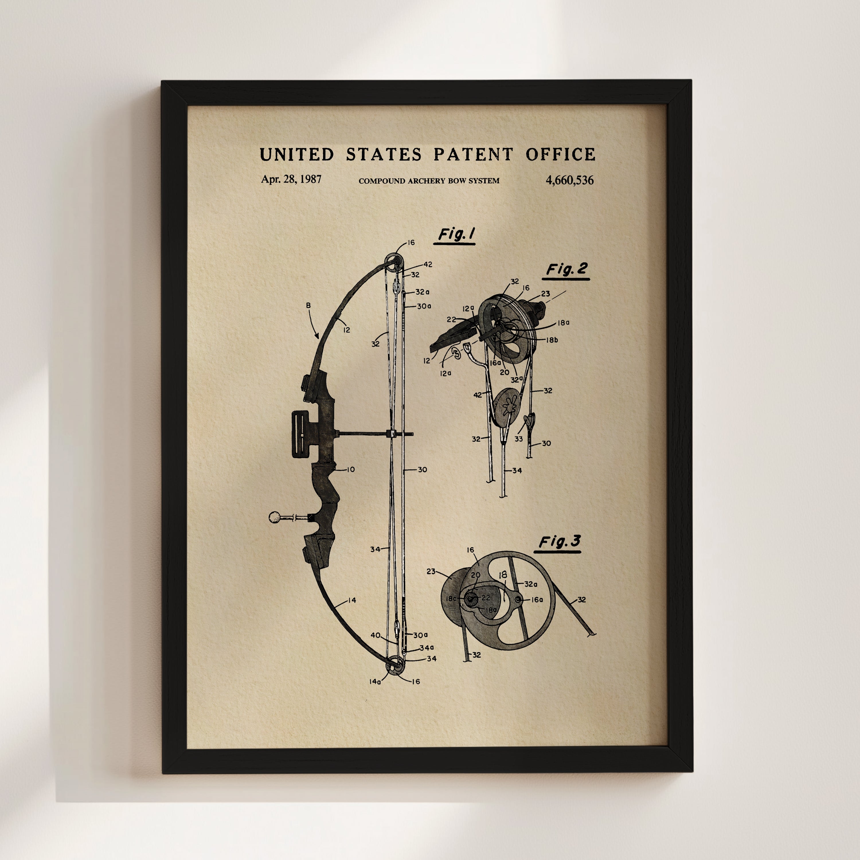 Compound Bow patent print displayed in a black frame
