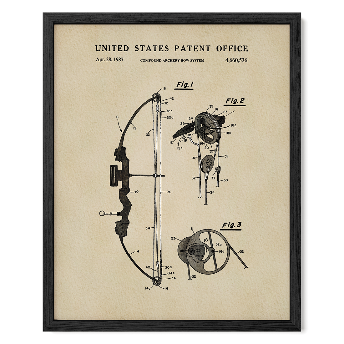 Compound Bow patent print displayed as vintage bowhunting wall art