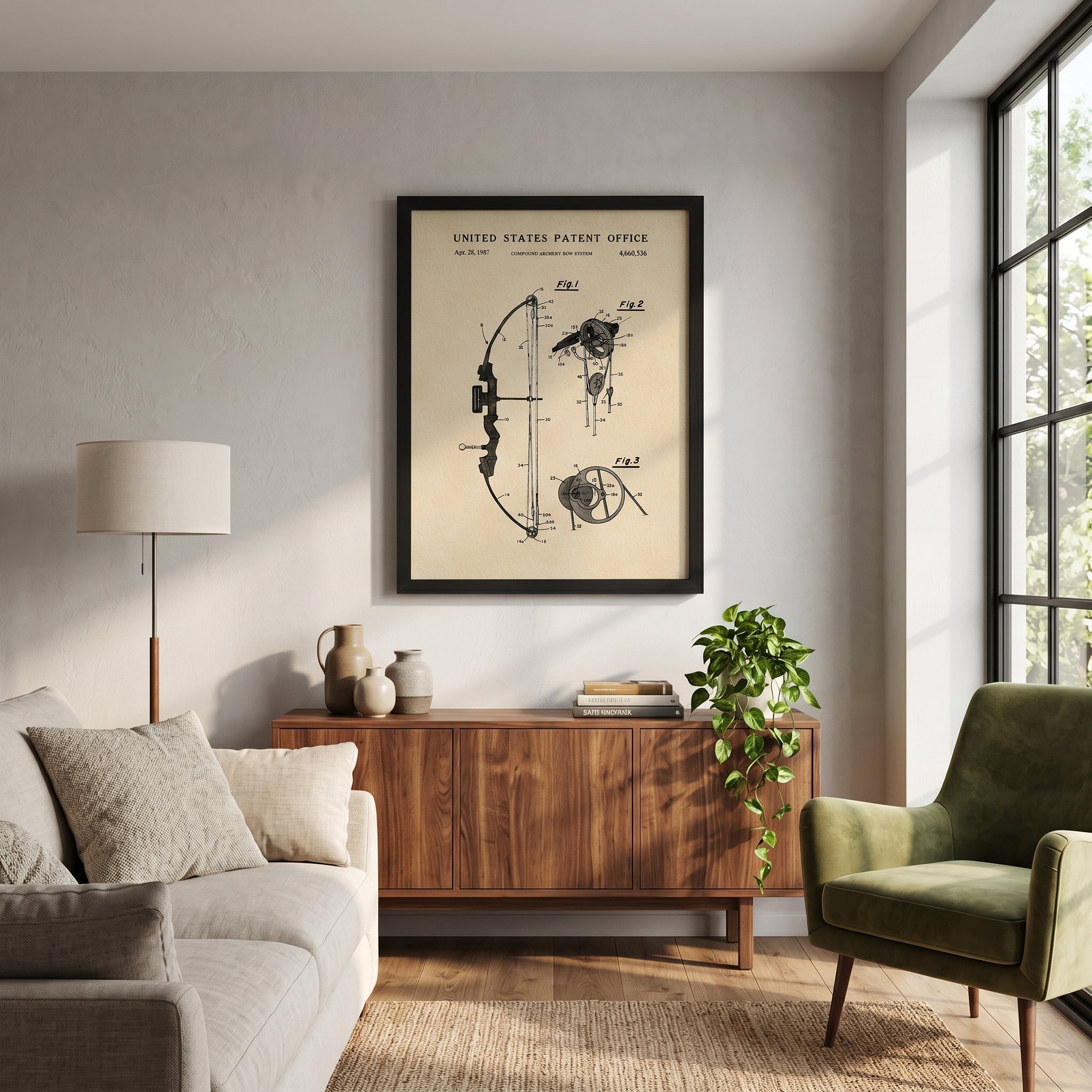 Vintage Compound Bow patent print displayed in a hunting room or outdoor-inspired space