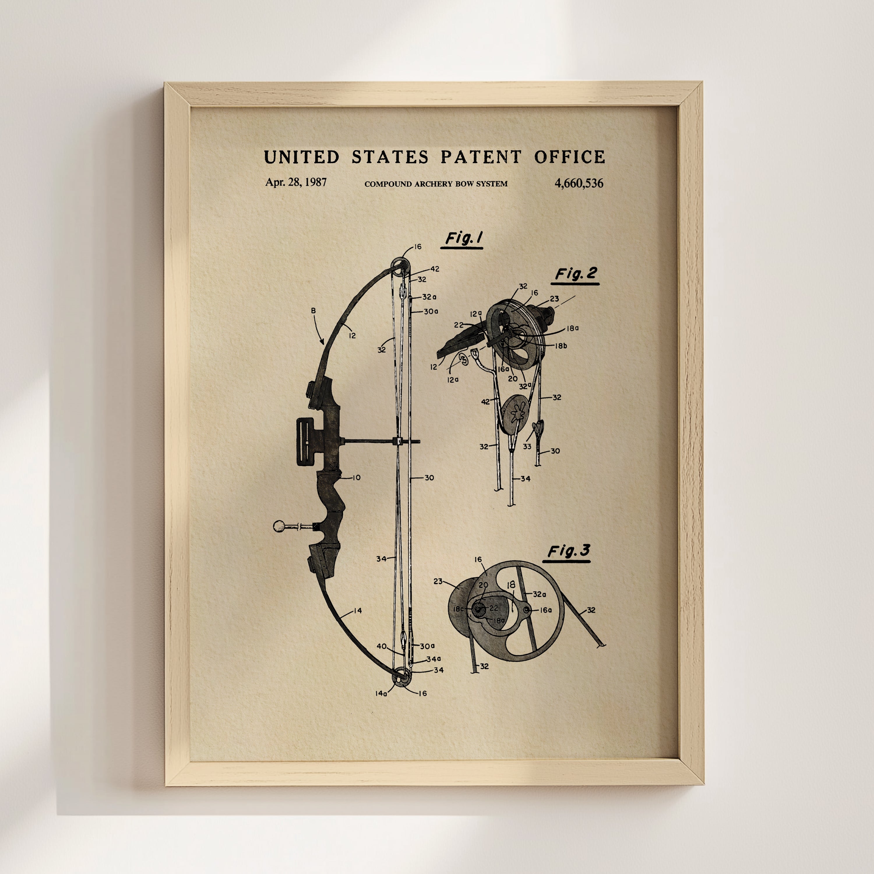 Compound Bow patent print displayed in a natural wood frame