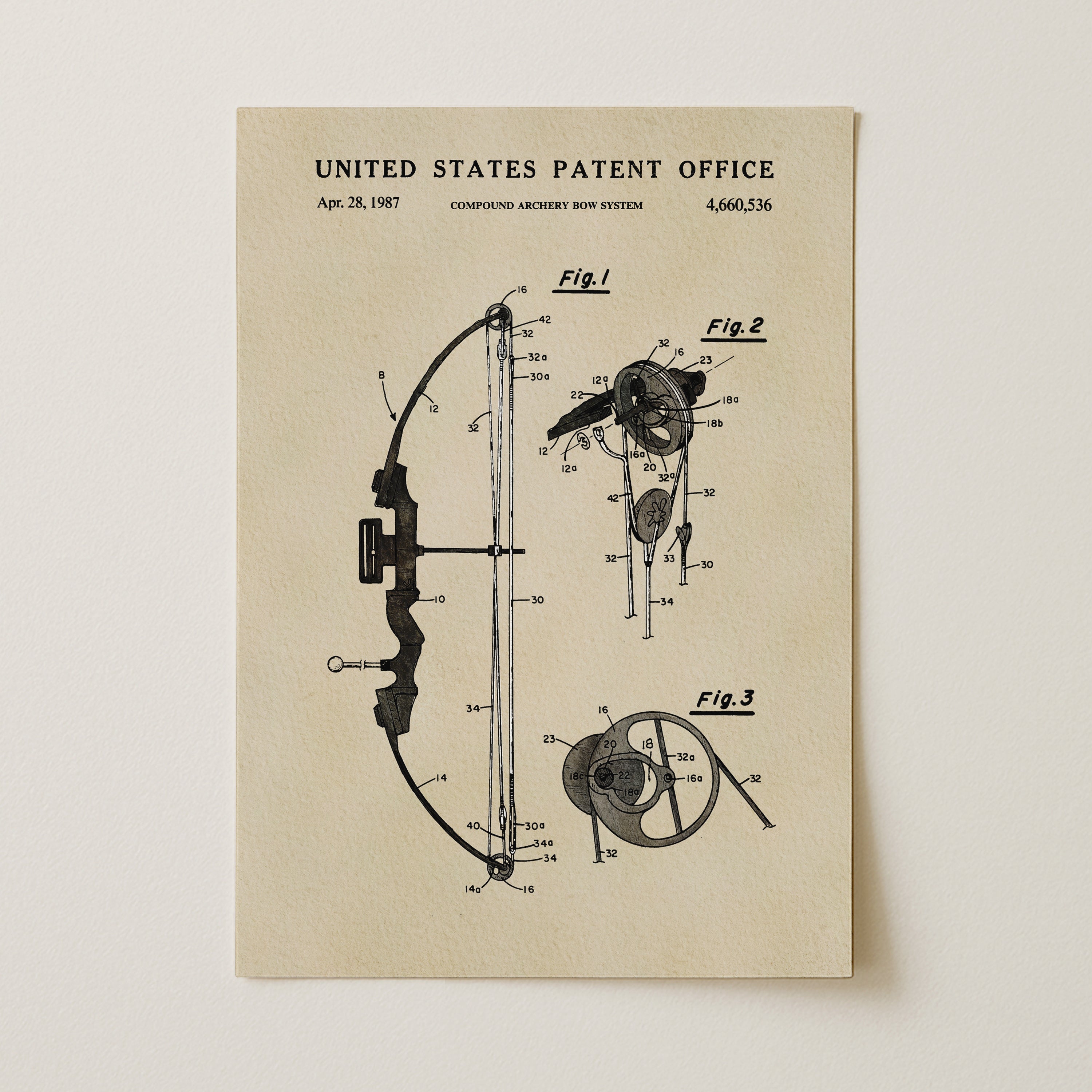 Unframed Compound Bow patent print featuring Mathew McPherson’s 1987 bow design