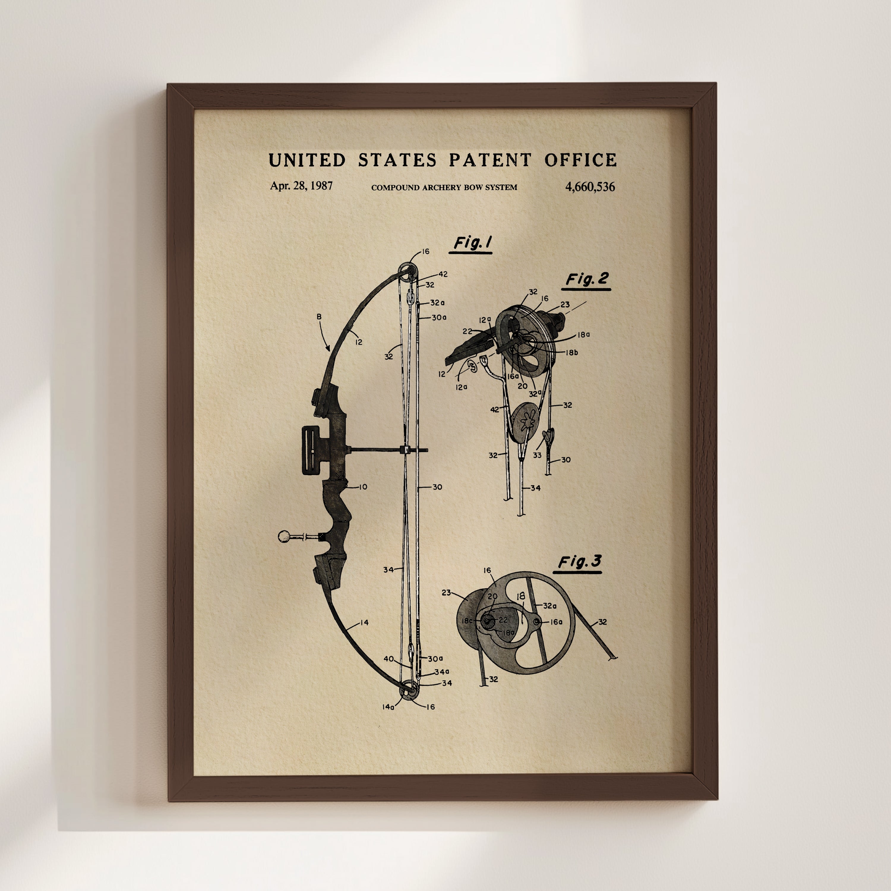 Compound Bow patent print displayed in a walnut frame