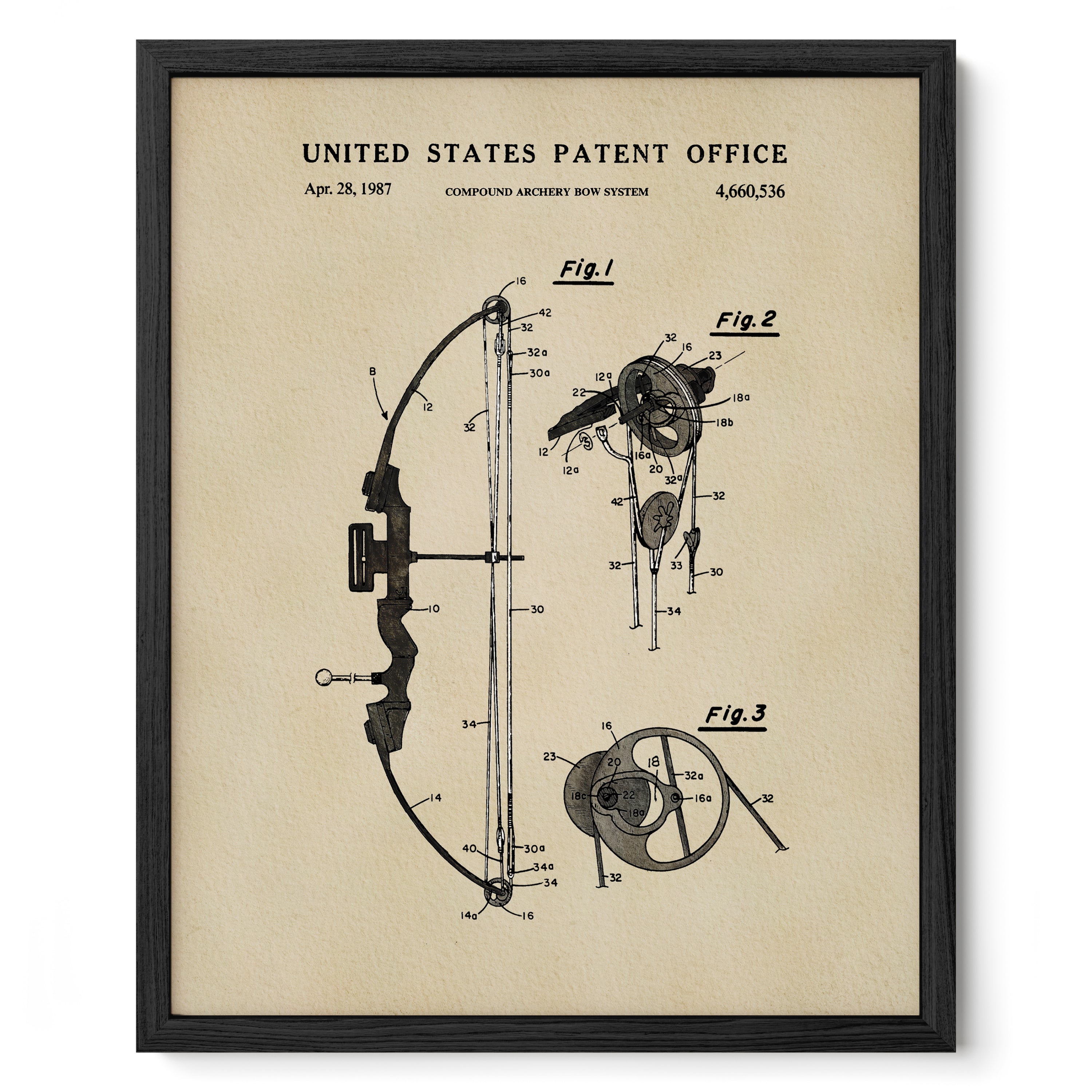 Watercolor Compound Bow patent print inspired by Mathew McPherson’s 1987 design