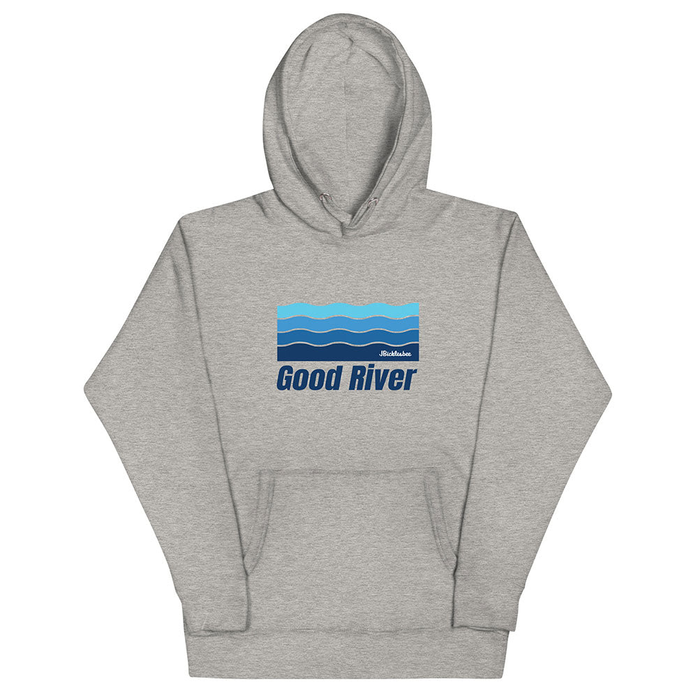 Gray hoodie with 'Good River' logo on a white background