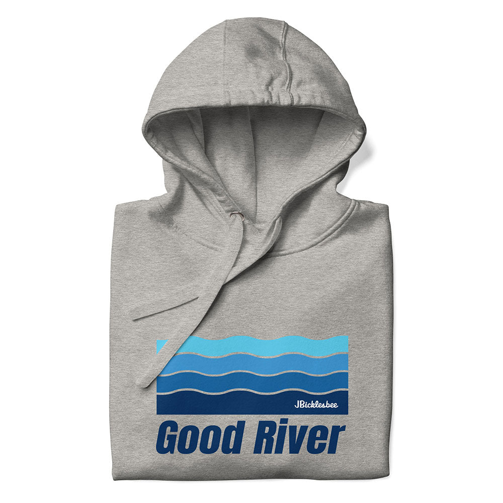 Gray hoodie with 'Good River' design on a white background