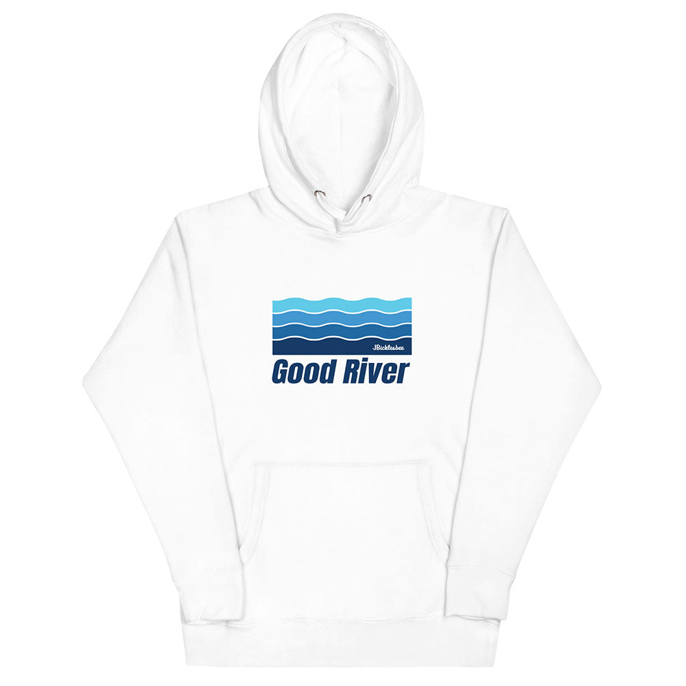 White hoodie with 'Good River' logo on a white background
