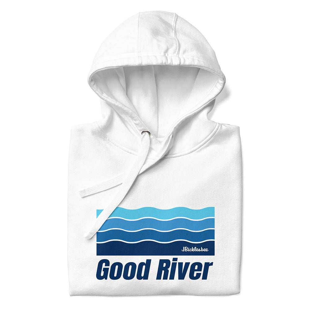 White hoodie with blue wave design and 'Good River' text on a white background