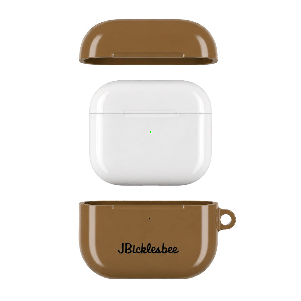 Exploded view of a Coyote Brown AirPods case with antler logo and protective top and bottom shell