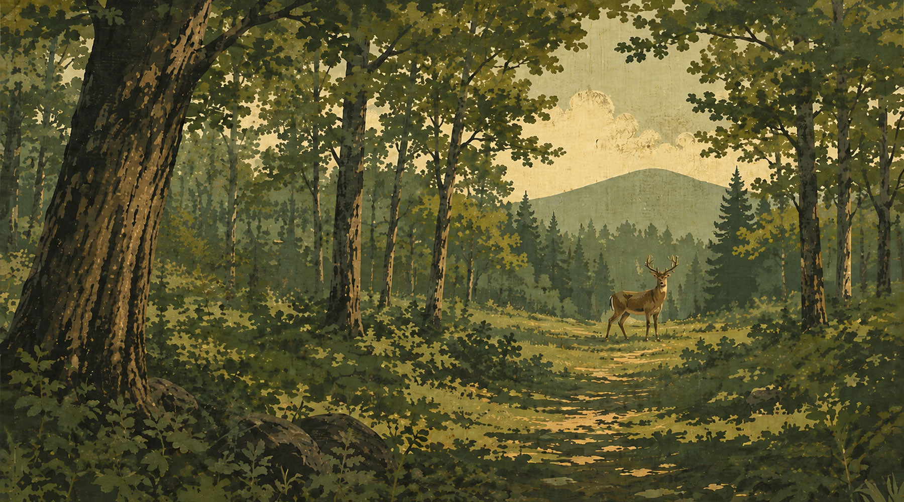 A vintage-style forest landscape painting featuring a deer standing on a sunlit path among tall trees, with a mountain in the background under a pale sky.