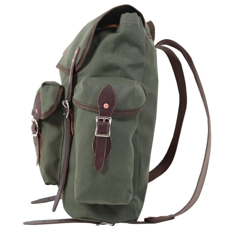 Side view of Duluth Pack Wanderer 24L Canvas Hiking Backpack with large bottle pocket