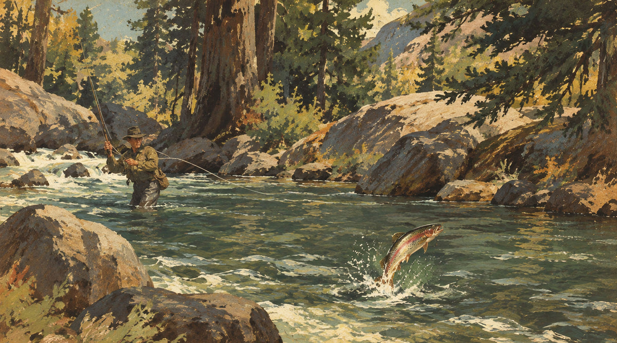 A classic landscape art print depicting a fly fisherman casting a line in a rushing mountain stream, with a large salmon leaping out of the water in the foreground, surrounded by tall pine trees and rocky cliffs.
