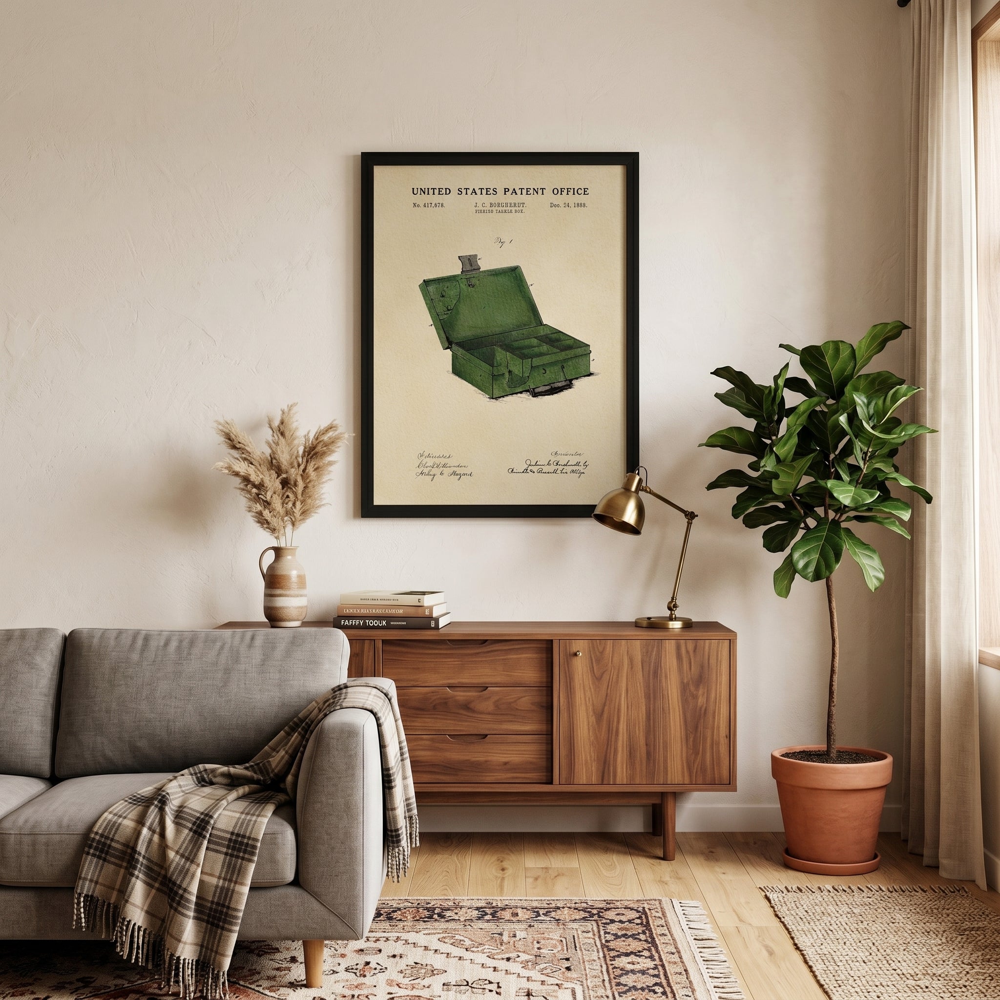 Framed Fishing Tackle Box patent print displayed as classic fishing wall art in a warm home interior.
