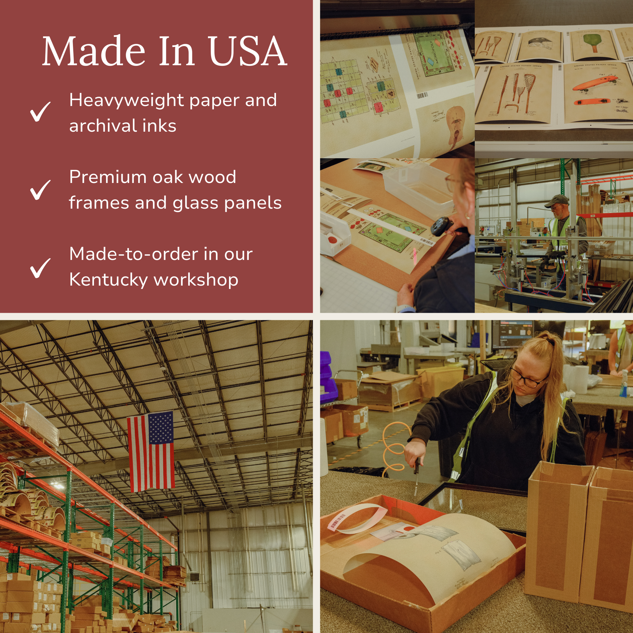 Made in USA details for the Fishing Tackle Box patent print with heavyweight paper, archival inks, oak frames, and glass panels.