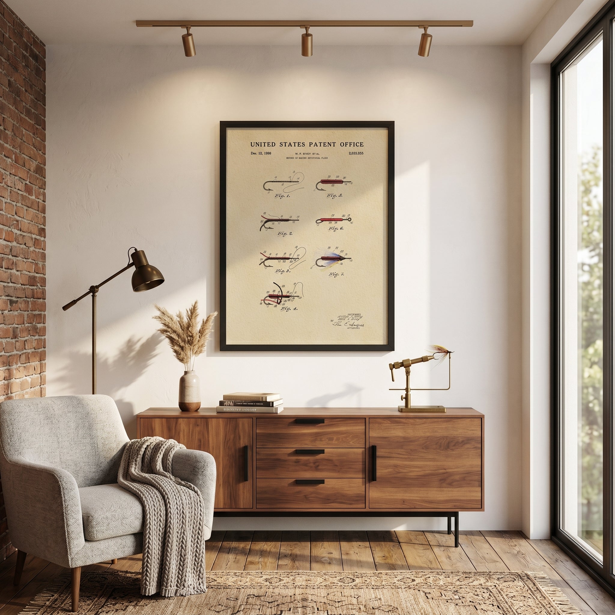 Framed Fly Fishing Flies patent print displayed as fly fishing wall art in a warm home interior.