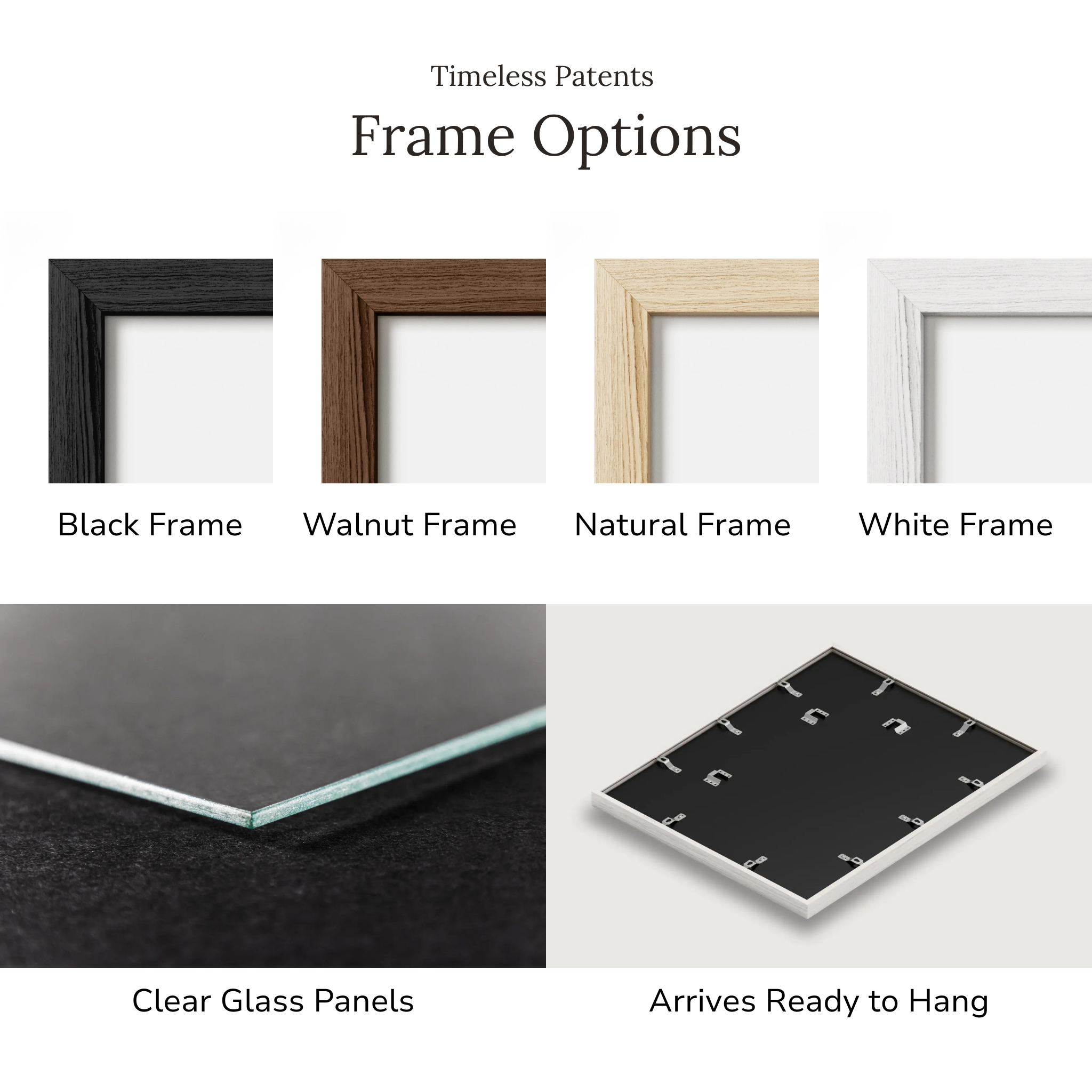 Frame options for the Fly Fishing Flies patent print including black, walnut, natural, and white frames.