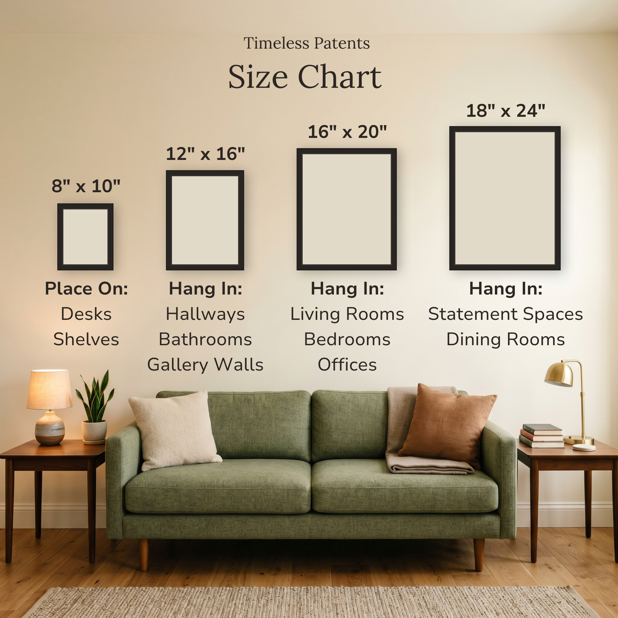 Size guide for the Fly Fishing Flies patent print showing 8 by 10, 12 by 16, 16 by 20, and 18 by 24 inch options.
