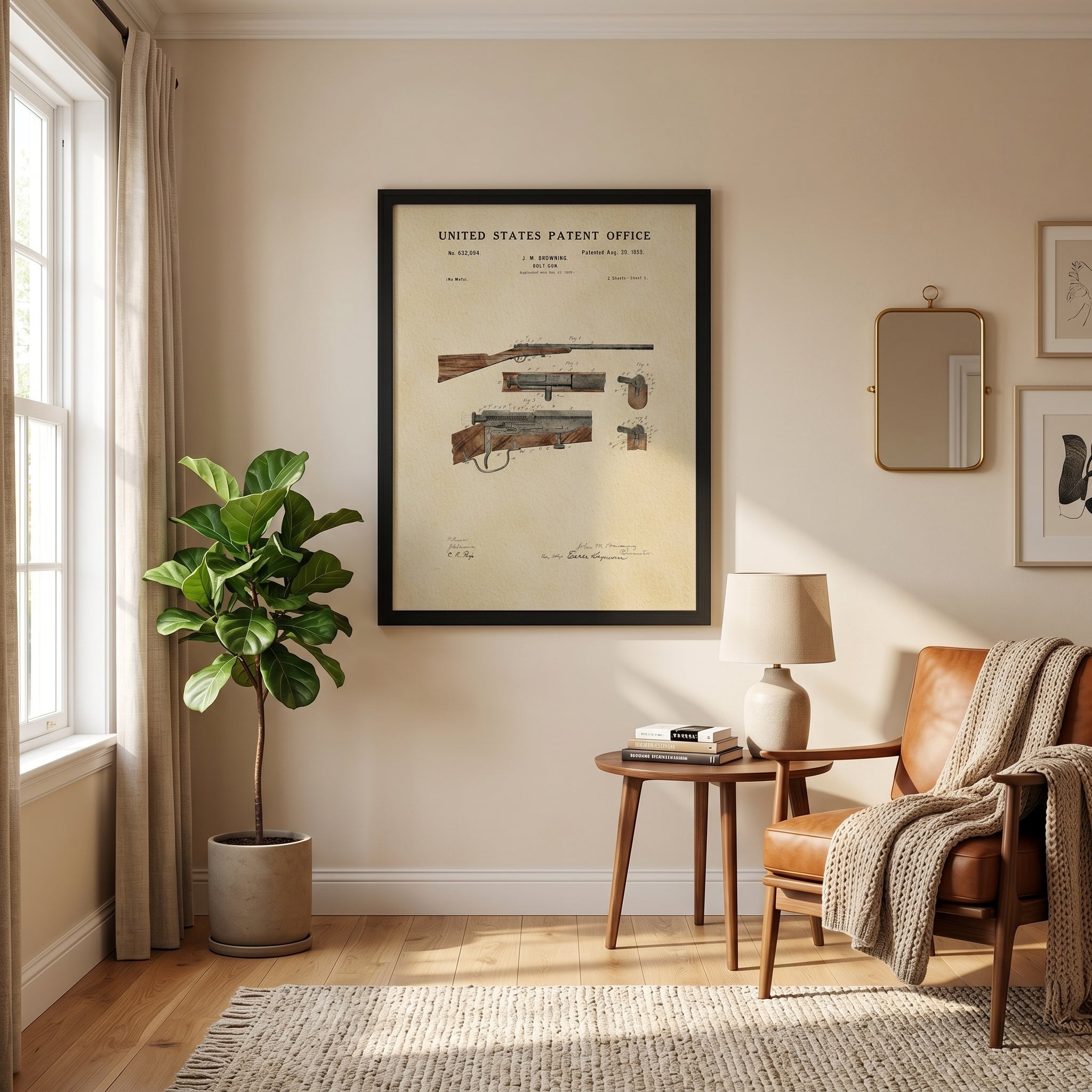Framed John M. Browning Hunting Rifle patent print displayed as classic hunting wall art in a warm interior.