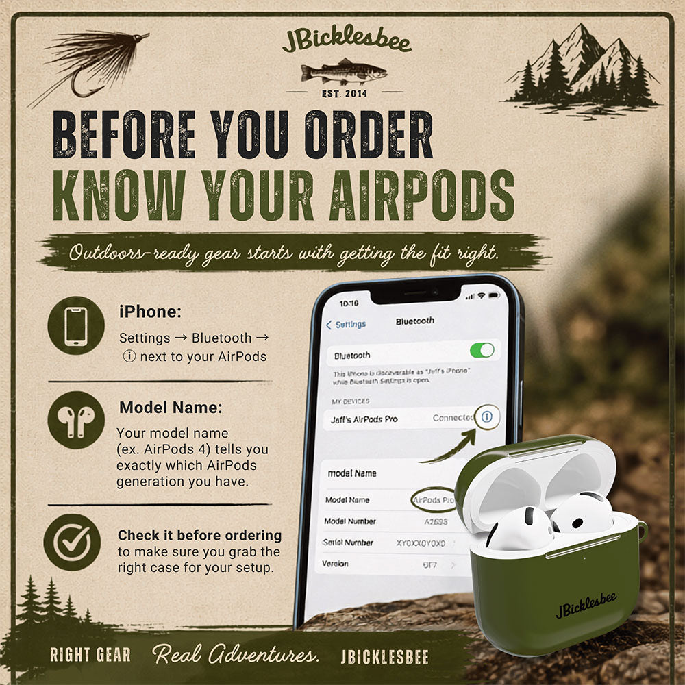 An informational graphic for Jbicklesbee AirPods, featuring a phone screen showing Bluetooth settings, outdoor illustrations, and a green Jbicklesbee AirPods case with white earbuds in the foreground. Text reads 'BEFORE YOU ORDER KNOW YOUR AIRPOD'S' and includes compatibility notes for iPhone and model naming.