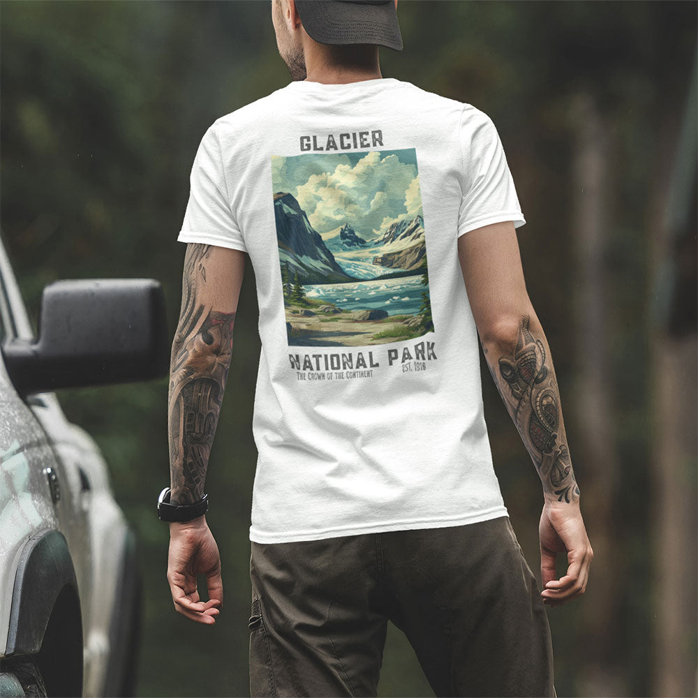 man wearing Retro Glacier National Park T-shirt near truck